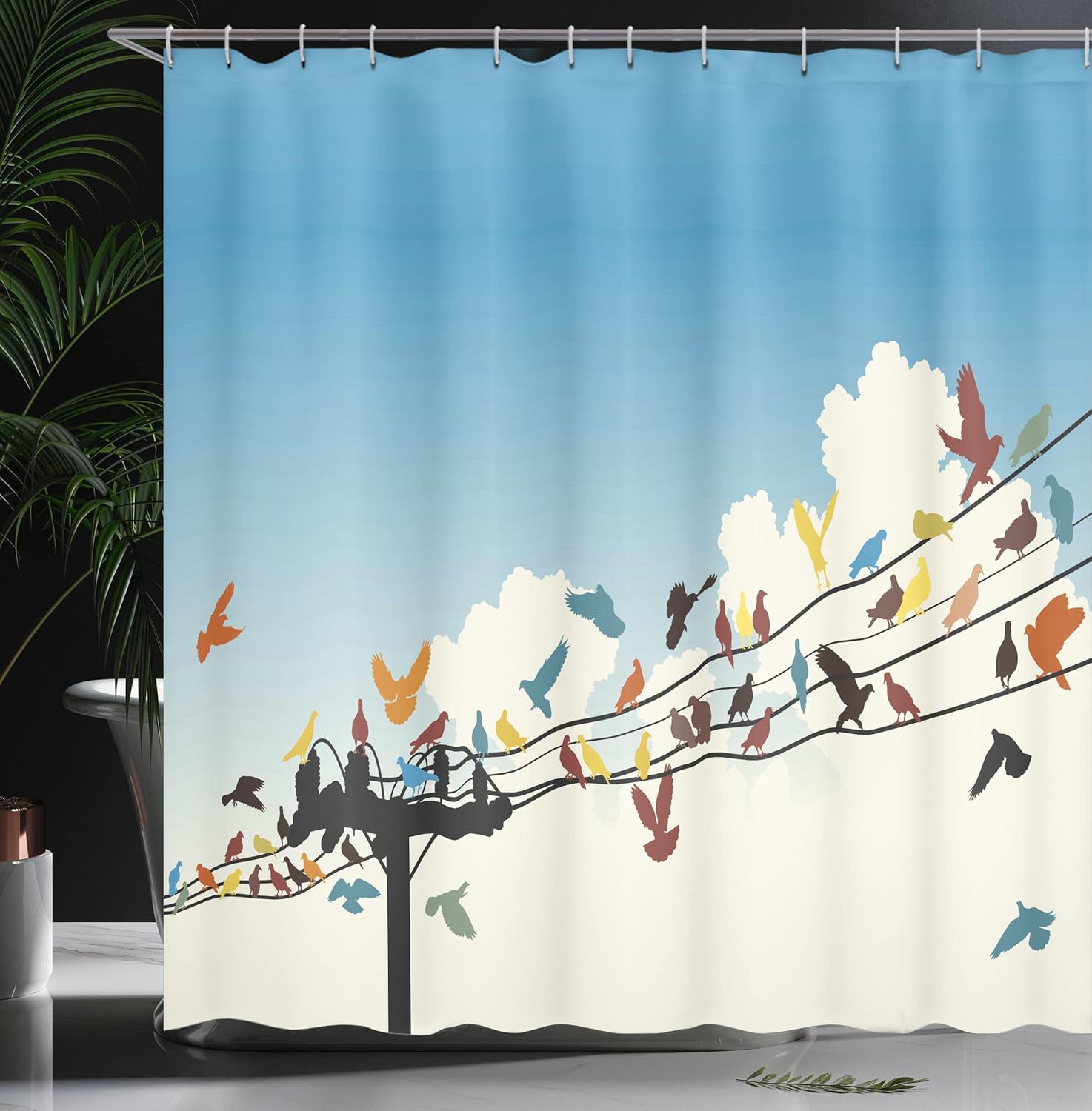 Ambesonne Colorful Shower Curtain, Animal Theme Silhouettes of Colorful Birds Roosting on Telegraph Wires Pattern, Cloth Fabric Bathroom Decor Set with Hooks, 69" W x 70" L, Blue Ecru