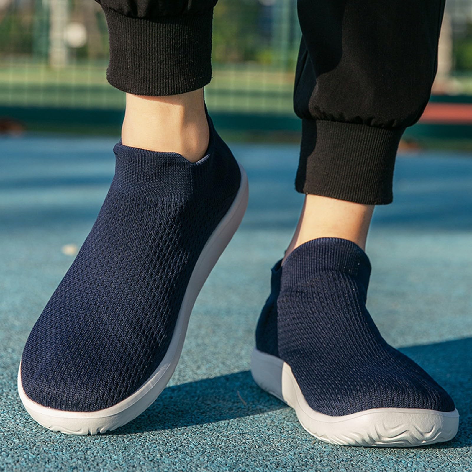 Męskie trampki, minimalistyczne, wysoki kołnierz, wsuwane, lekkie, oddychające, dzianinowe buty do chodzenia, jogi i jazdy samochodem, NIEBIESKI, 38.5 EU