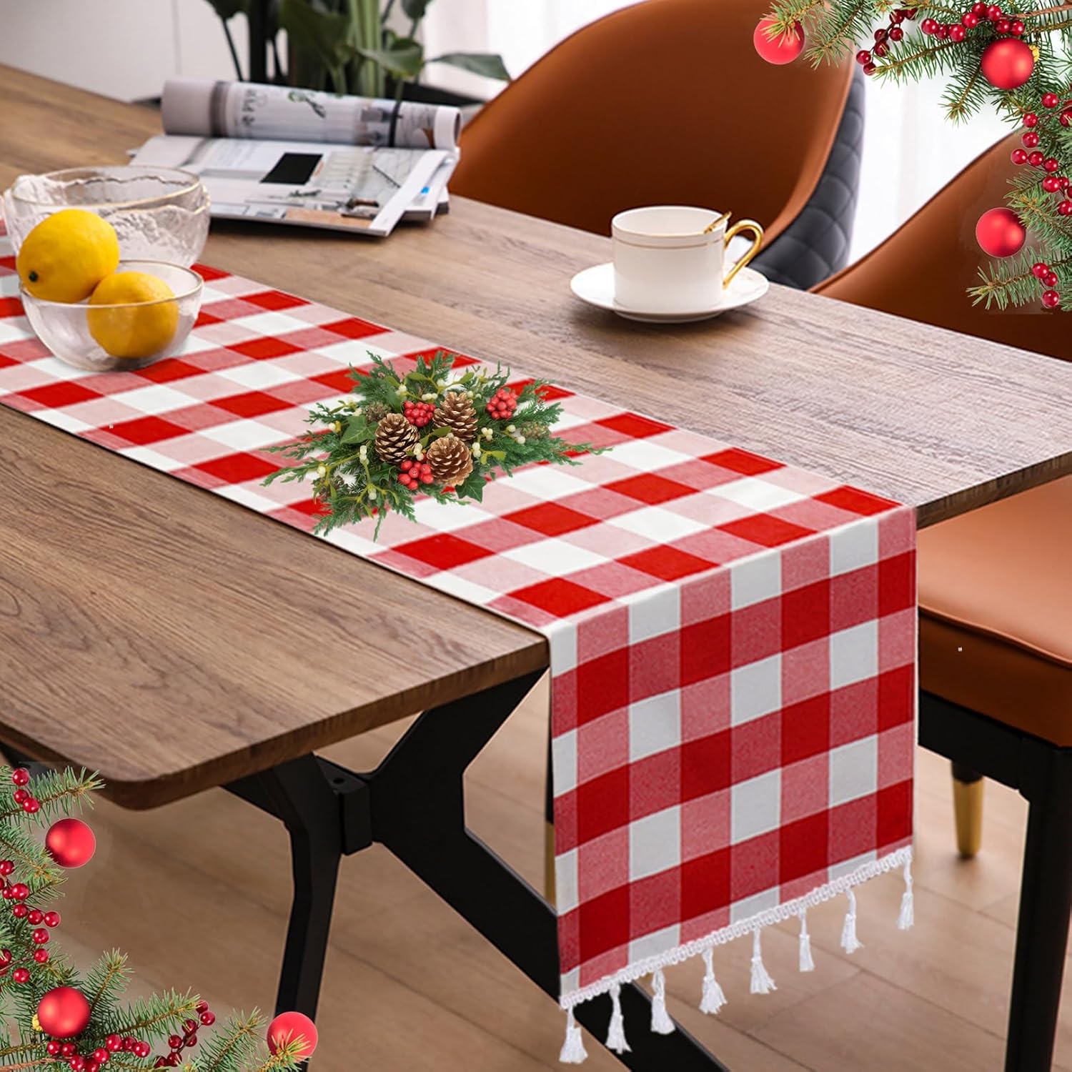 DUOBAO Gingham Table Runner 14x72 Red and White Checkered with Tassels | Buffalo Plaid Farmhouse Style, Polyester Cotton, Tassel Ends, for Christmas Dining Kitchen Picnic, 4-6 Seat Tables