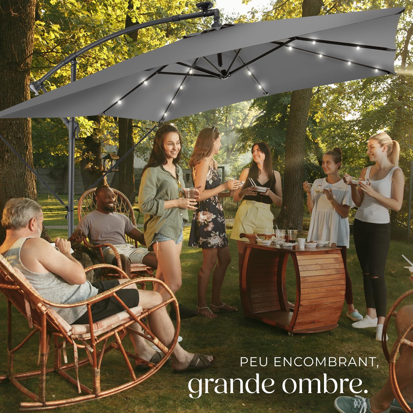 tectake® Parasol de Jardin Exterieur Parasol déporté à manivelle 2,5x2,5m avec éclairage LED solaire, Inclinable, Protection UV 50+ Résistant au vent, Housse de protection incluse, Salon de jardin