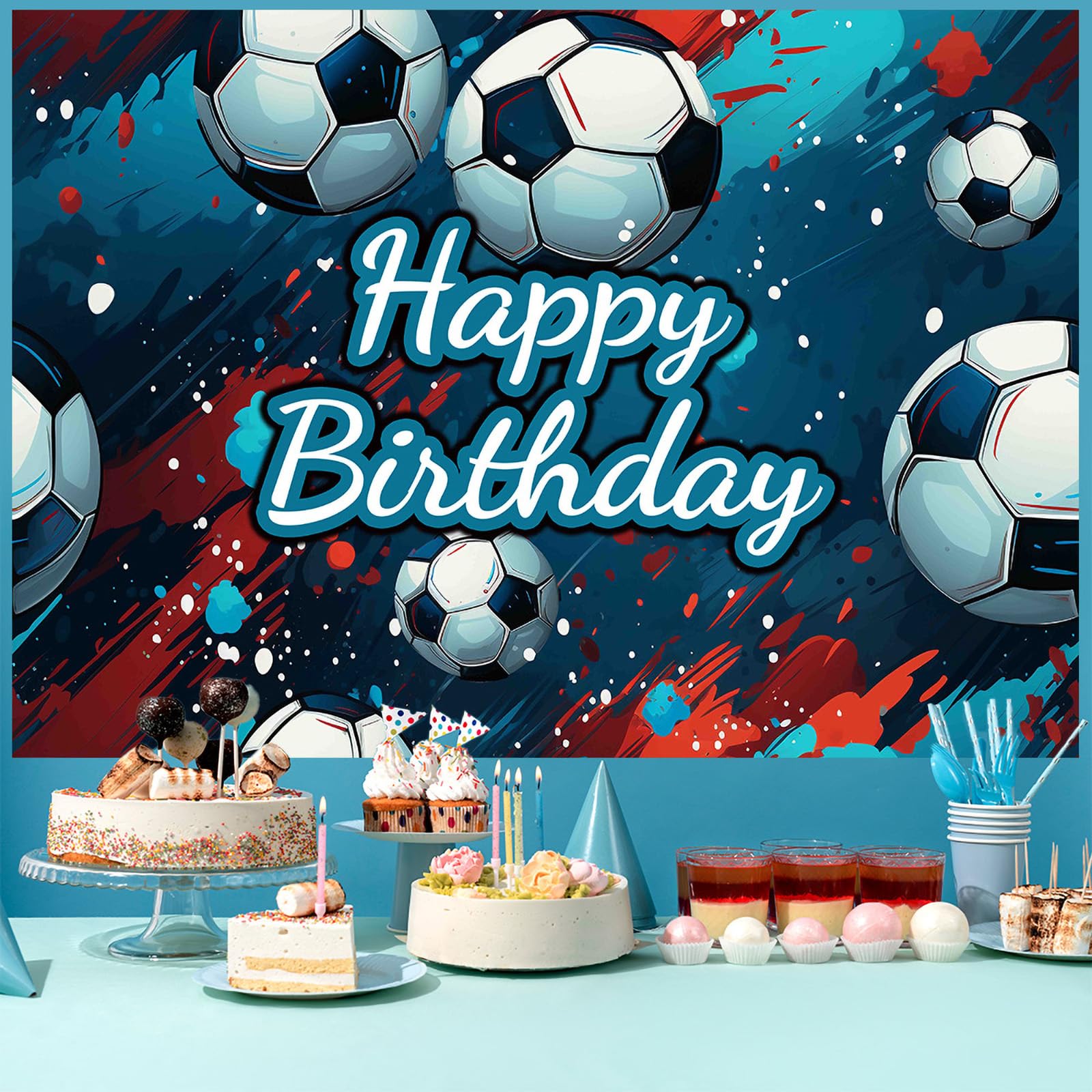 Uniquer Soccer Theme Happy 7th Birthday Banner - Large 70.87"x43.31" Outdoor/Indoor Decoration With Rope (Green) - View #6