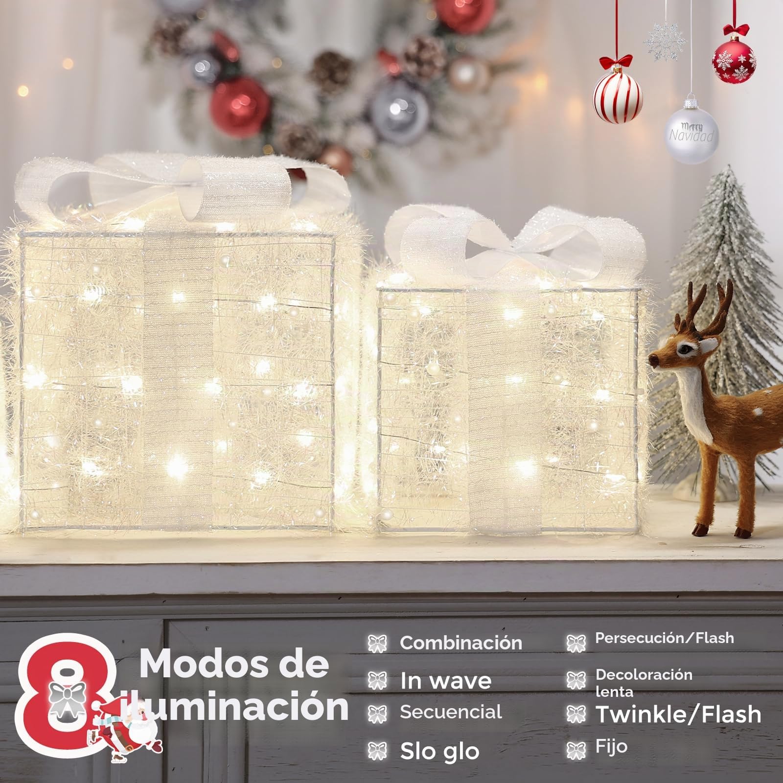 Quntis Caja de Regalo con Luces, 140 Leds Cajas Regalo Navidad Decoracion con 8 Modos y Temporizador, Cajas Navidad Regalo para Árbol de Navidad