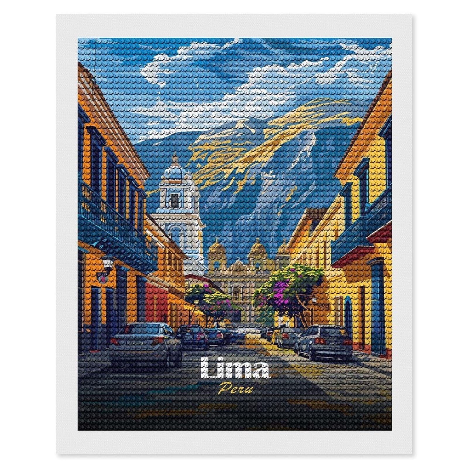 Junmoney Lima, Peru Cityscape Illustration Diamond Art Kit 16"x20", Modern Decor, for Adults, Printed Canvas, Holiday Gift Idea, Fun Craft Experience