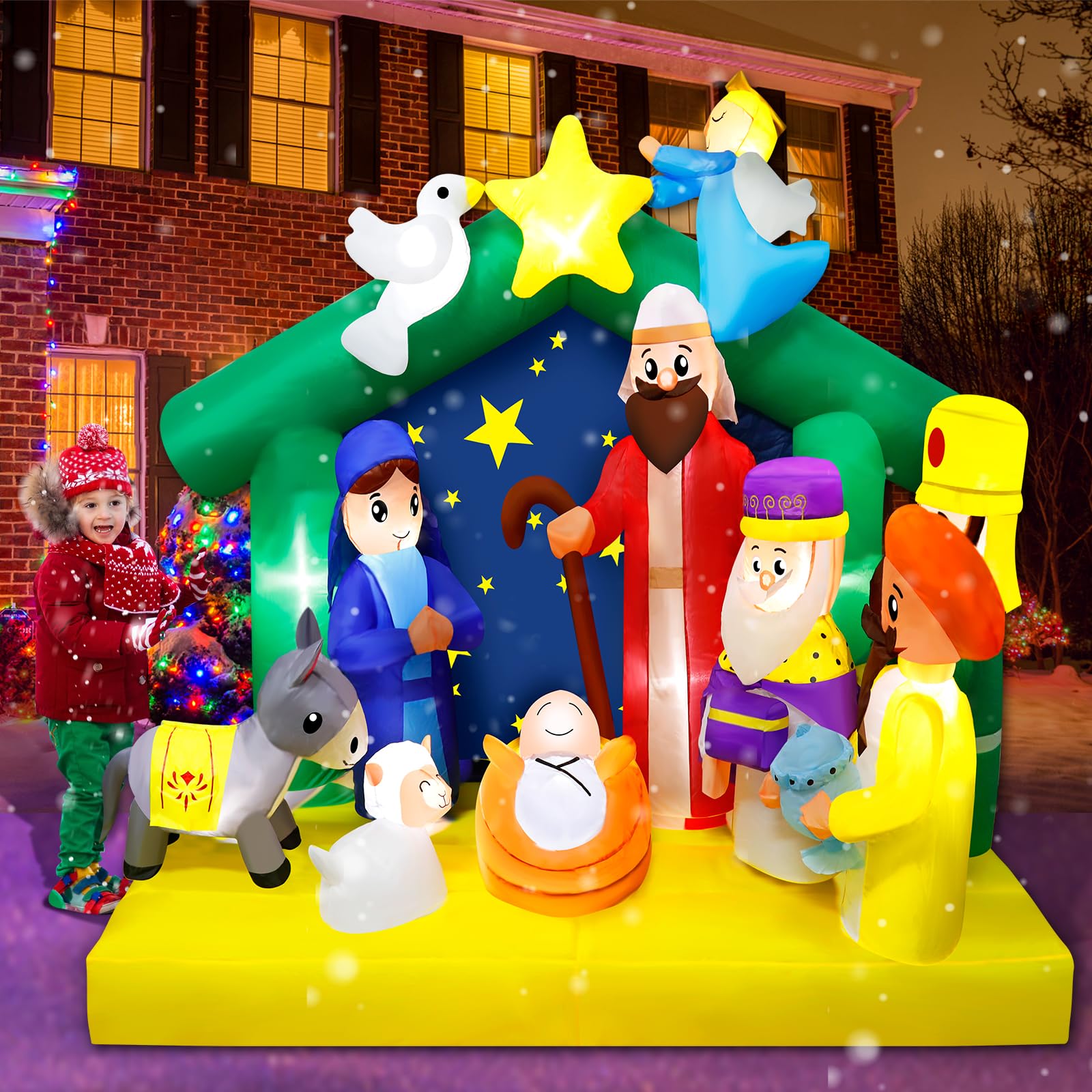 Presepe gonfiabile di Natale da 2 m, decorazioni per esterni, scena della nascita di Gesù, esplosioni di Natale, luci LED integrate, decorazioni natalizie gonfiabili