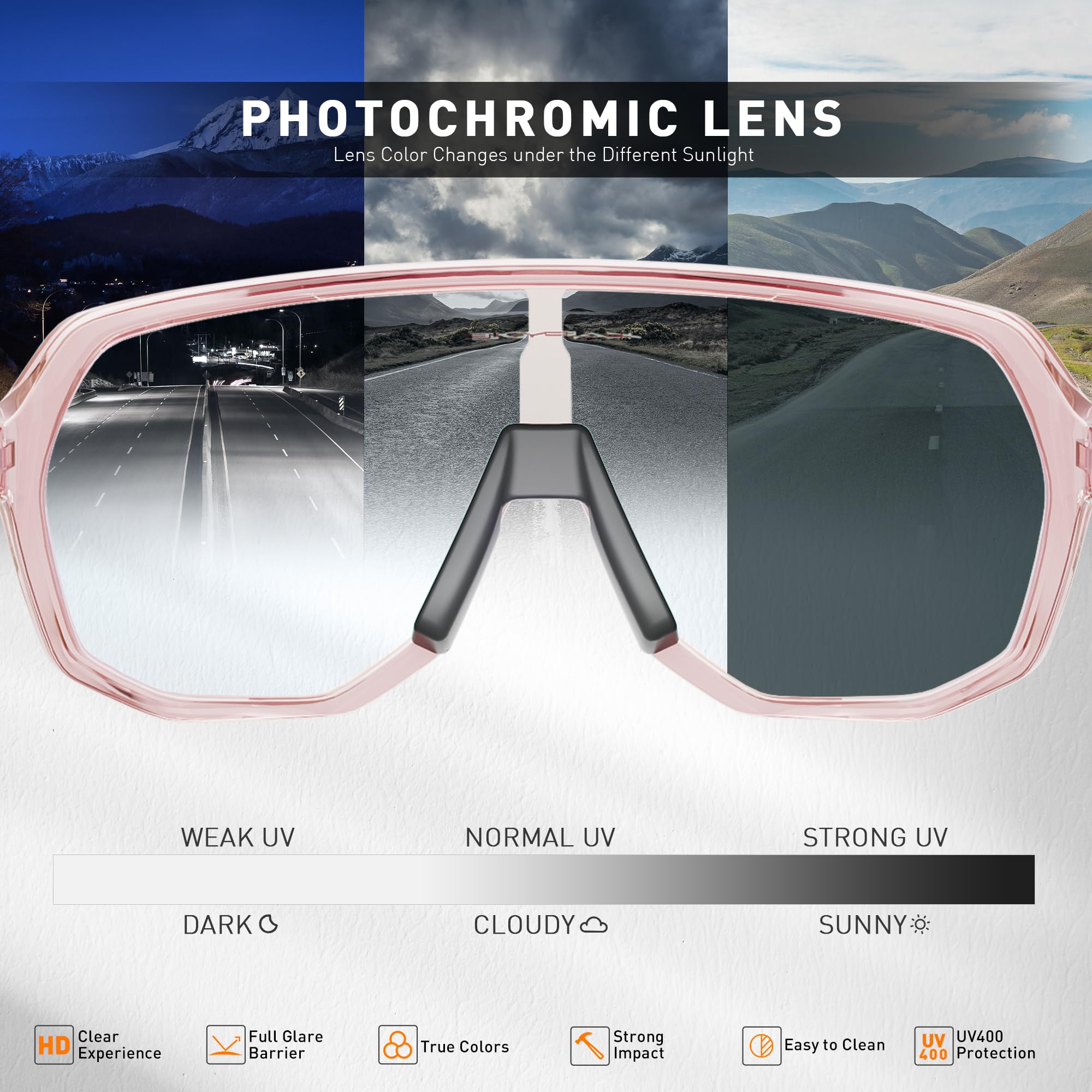 KAPVOE Occhiali Ciclismo Fotocromatici UV400 TR90 Uomo Donna K63 | Fotocromatica da trasparente a rosa CAT.1-CAT.2, UV400, ventilazione, TR90 leggero