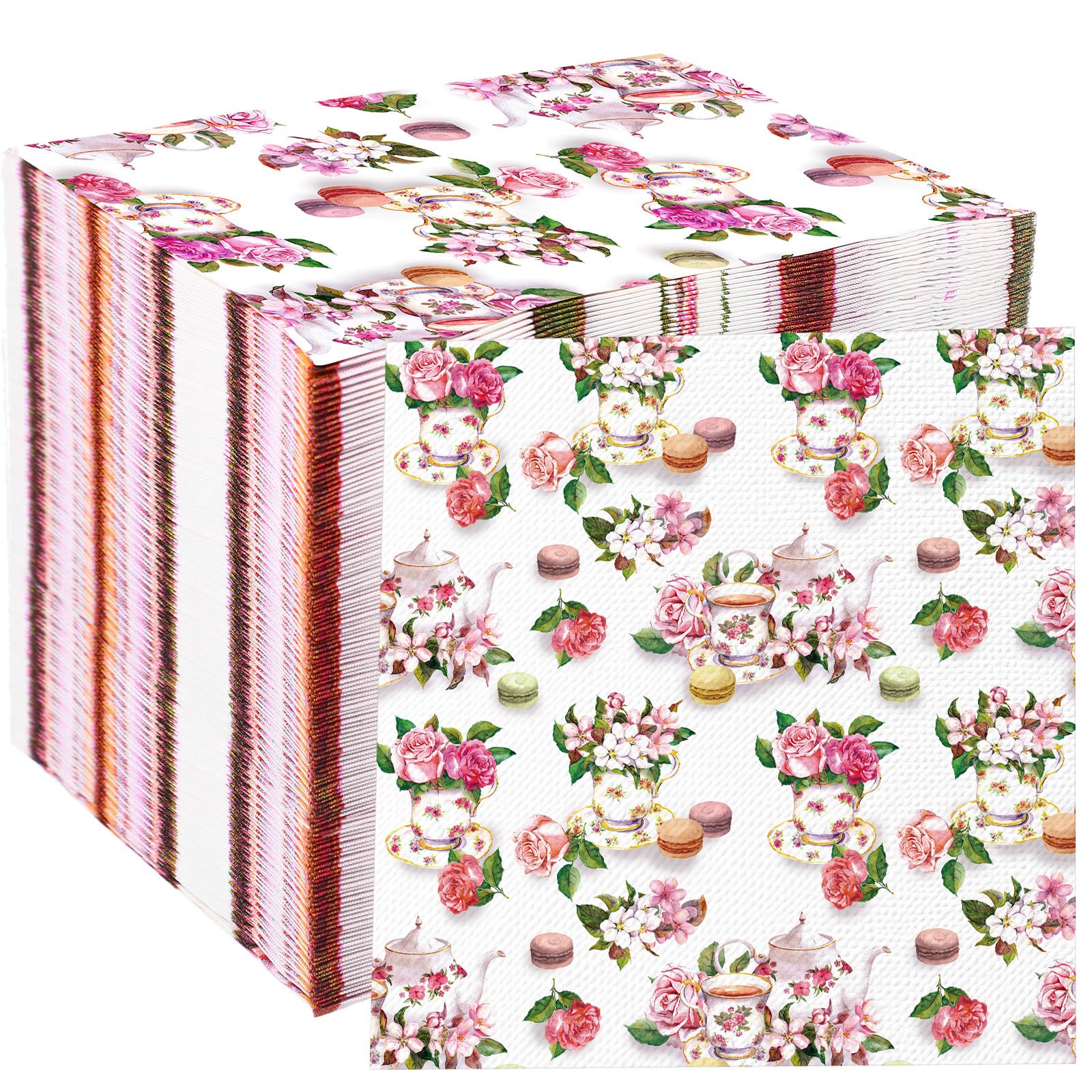 Colarr 100 Pcs Bridal Shower Tea Party Napkins Tea Cup Disposable Napkins Floral Teacups Dinner Hand Towel Spring Party Favor Baby Shower Supplies for