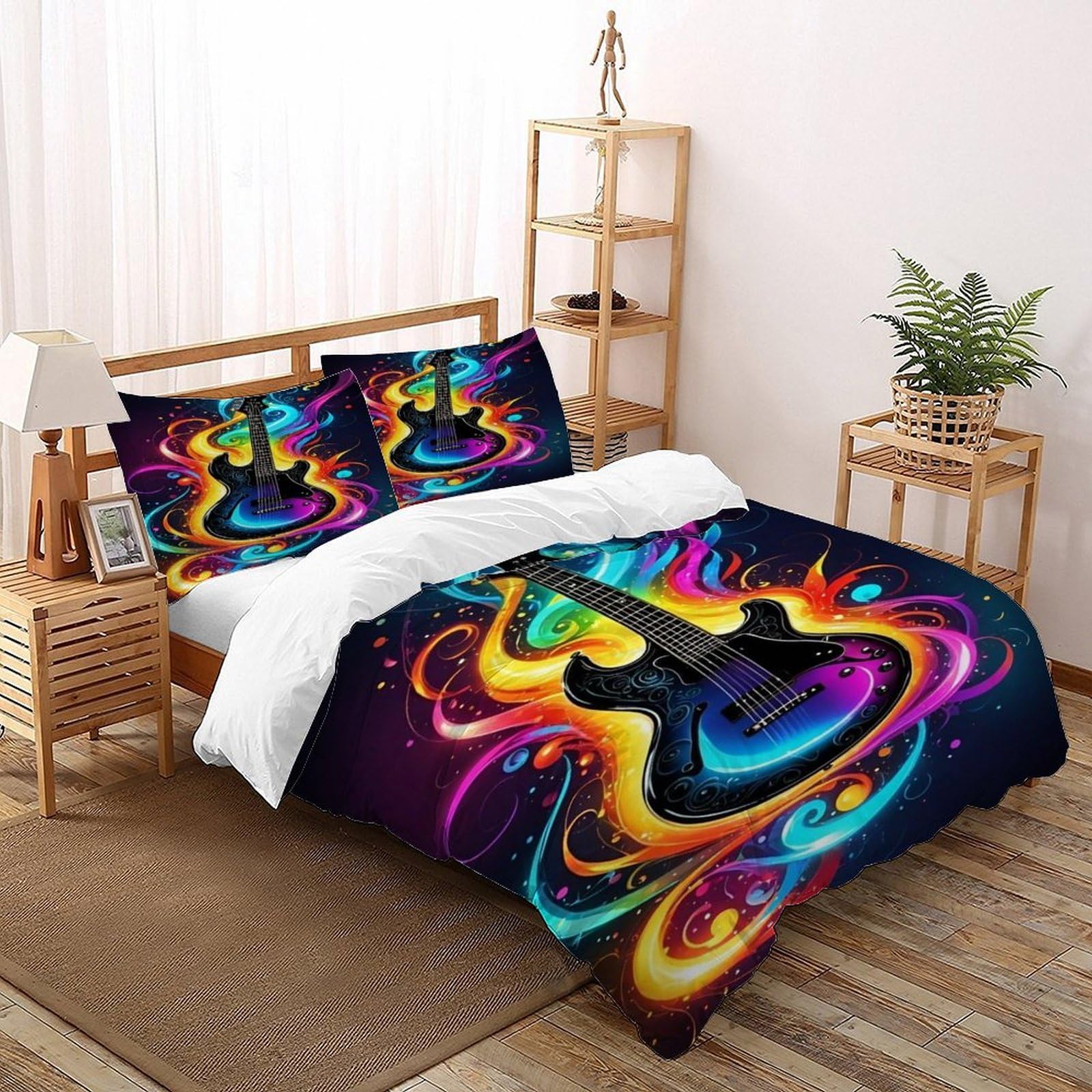 Guitar Colorful Bedding Set 3 Pieces 3D Digital Printing Theme Duvet Cover Set Chic Breathable Comforter Cover Girl Woman with Pillowcase Super King（260x220cm）