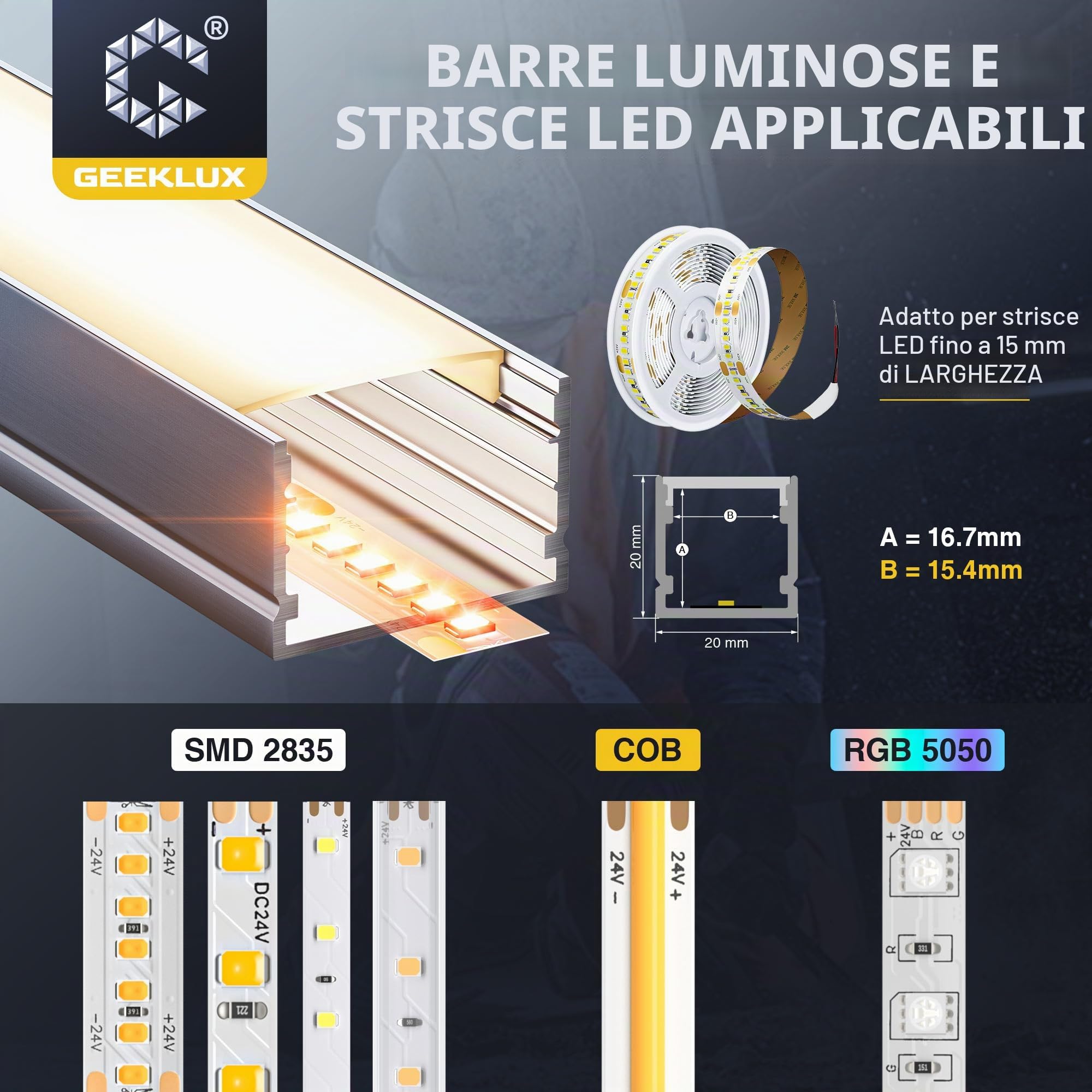 10 x Profilo LED da 2 m per Strisce Led (Totale 20 m), Profilo Alluminio 20 x 20 mm con Diffusore Opaco, Canale U per Striscia Led fino a 15 12 mm, Compatibile con Cartongesso e Soffitto