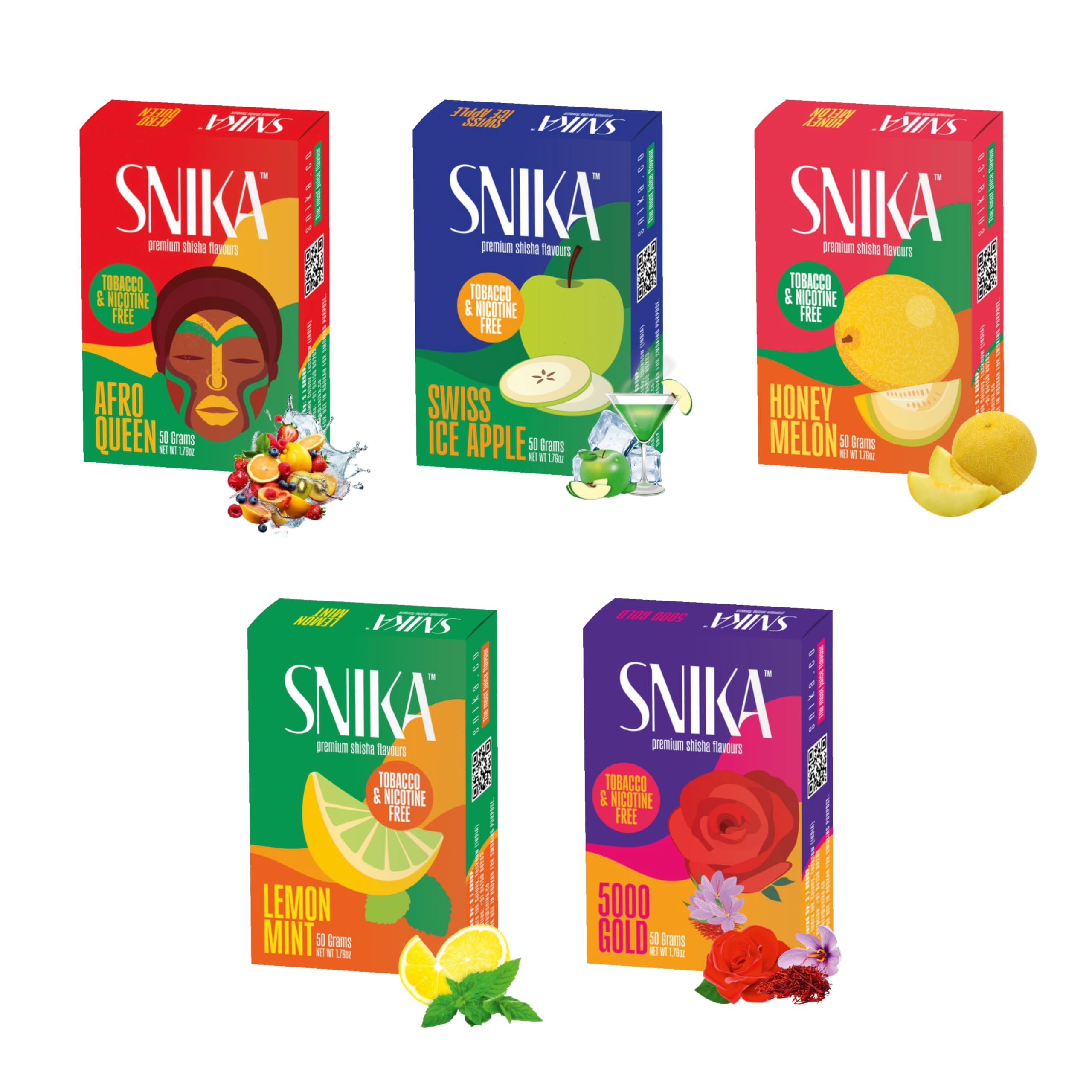 SNIKA Herbal Hookah Molasses Premium Segment (100% Nicotine and Tobacco Free) Afro Queen, Swiss Ice Apple, Honey Melon, 5000 Gold, Lemon Mint, Hookah Flavors (Pack of 5)