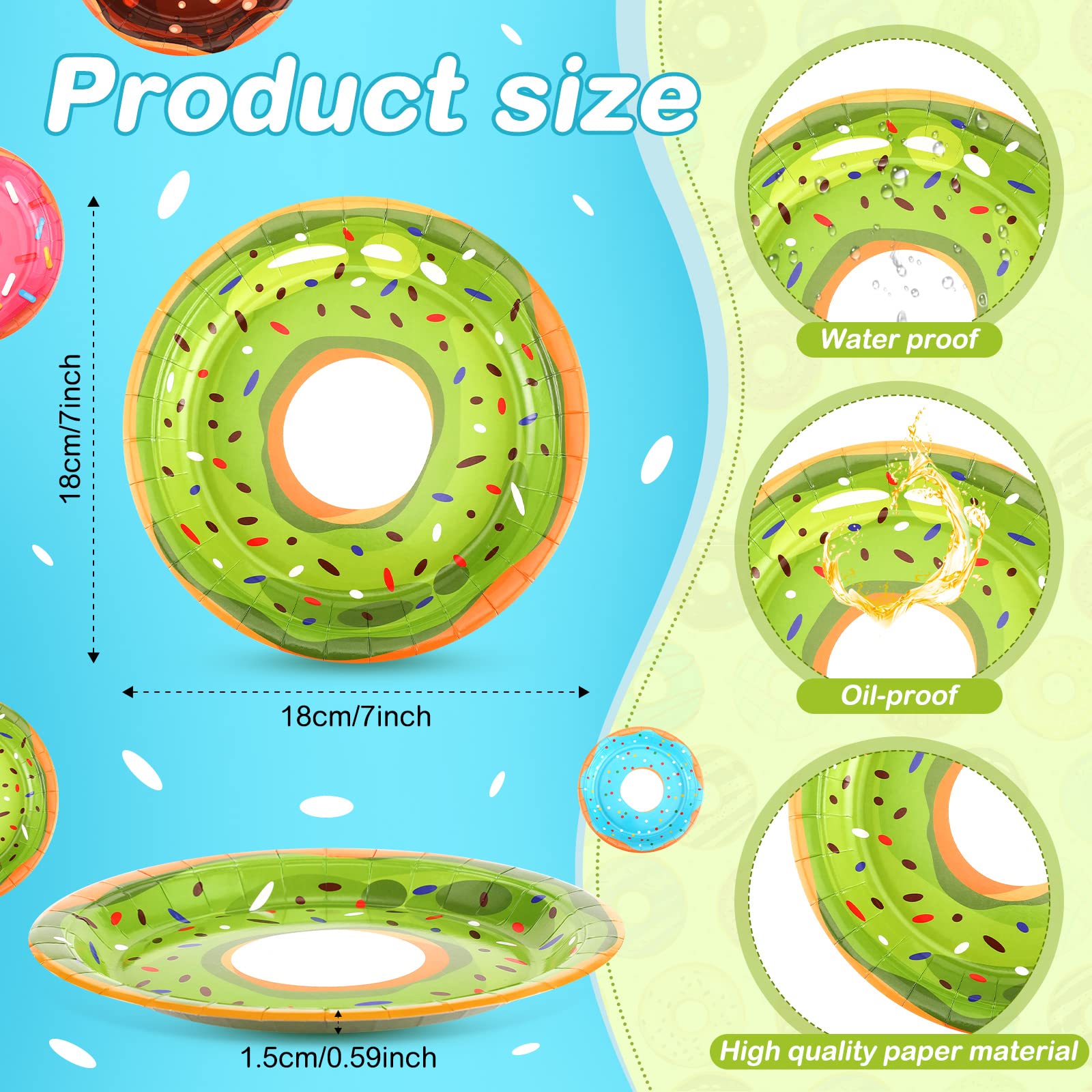 Huwena Donut-Pappteller, 17,8 cm, Einweg-Donut-Partyteller, bunt, niedliche Donut-Serviertabletts, Donut-Snack-Platte für Donut-Thema, Geburtstag, verschiedene Donut-Designs, Partyzubehör