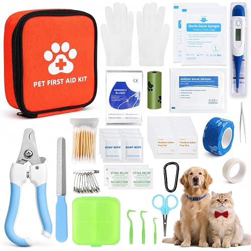 Erste Hilfe Set für Hund und Katze 105 Teile Erste Hilfe für Haustiere | Kleine Hundeapotheke mit Digitalem Thermometer und Krallenschere für Notfälle zu Hause und Outdoor - 105PCS