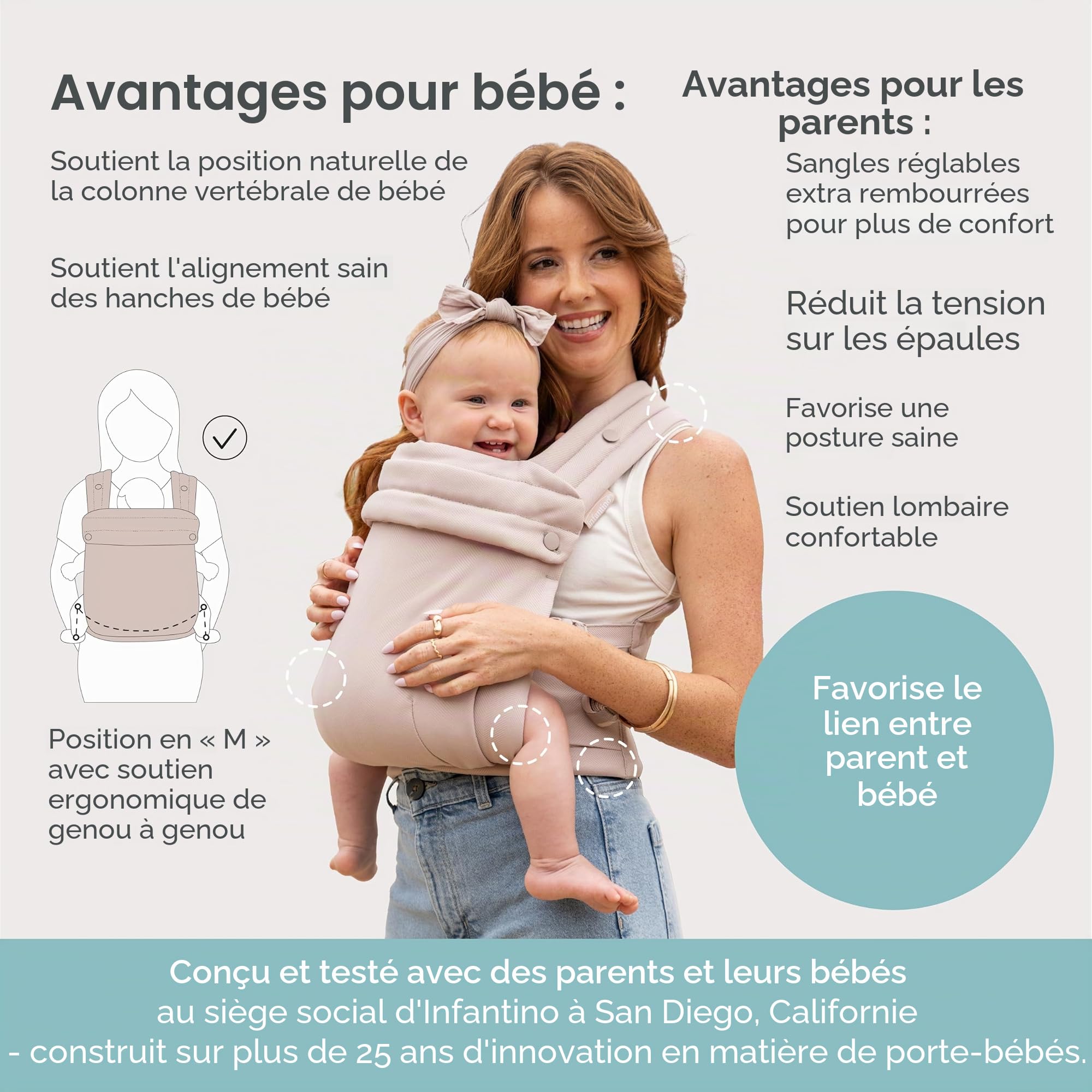 Infantino Honey Blossom Porte-Bébé Ergonomique Maille Respirante, 3,2–18,1 kg, Position en M, Assise Réglable, Moon Beam