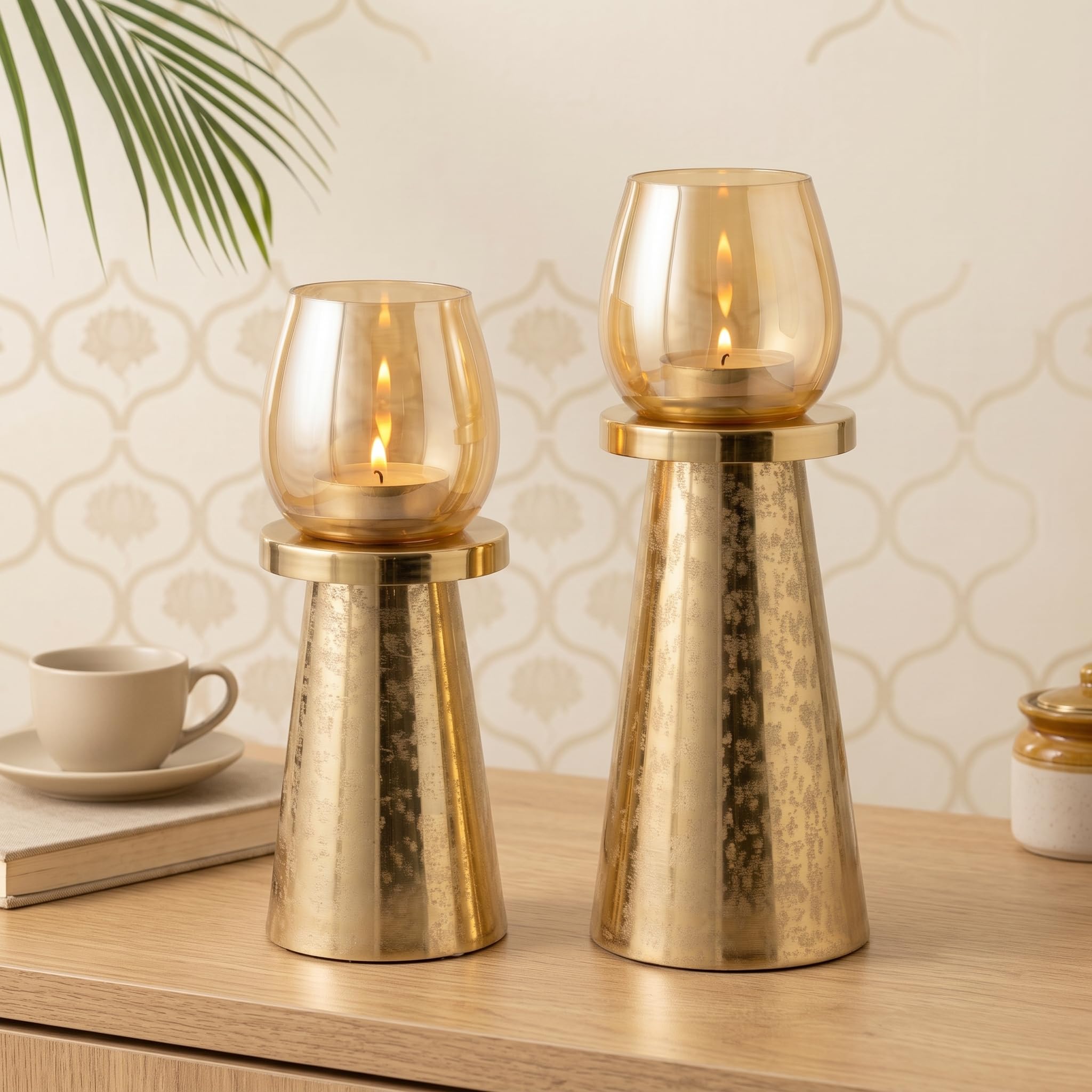 Gold Metal Candle Holder Set of 2 with Glass Votive | Etched Finish | Premium Iron Candle Stands for Living Room, Dining Table & Festive Decor-image-30