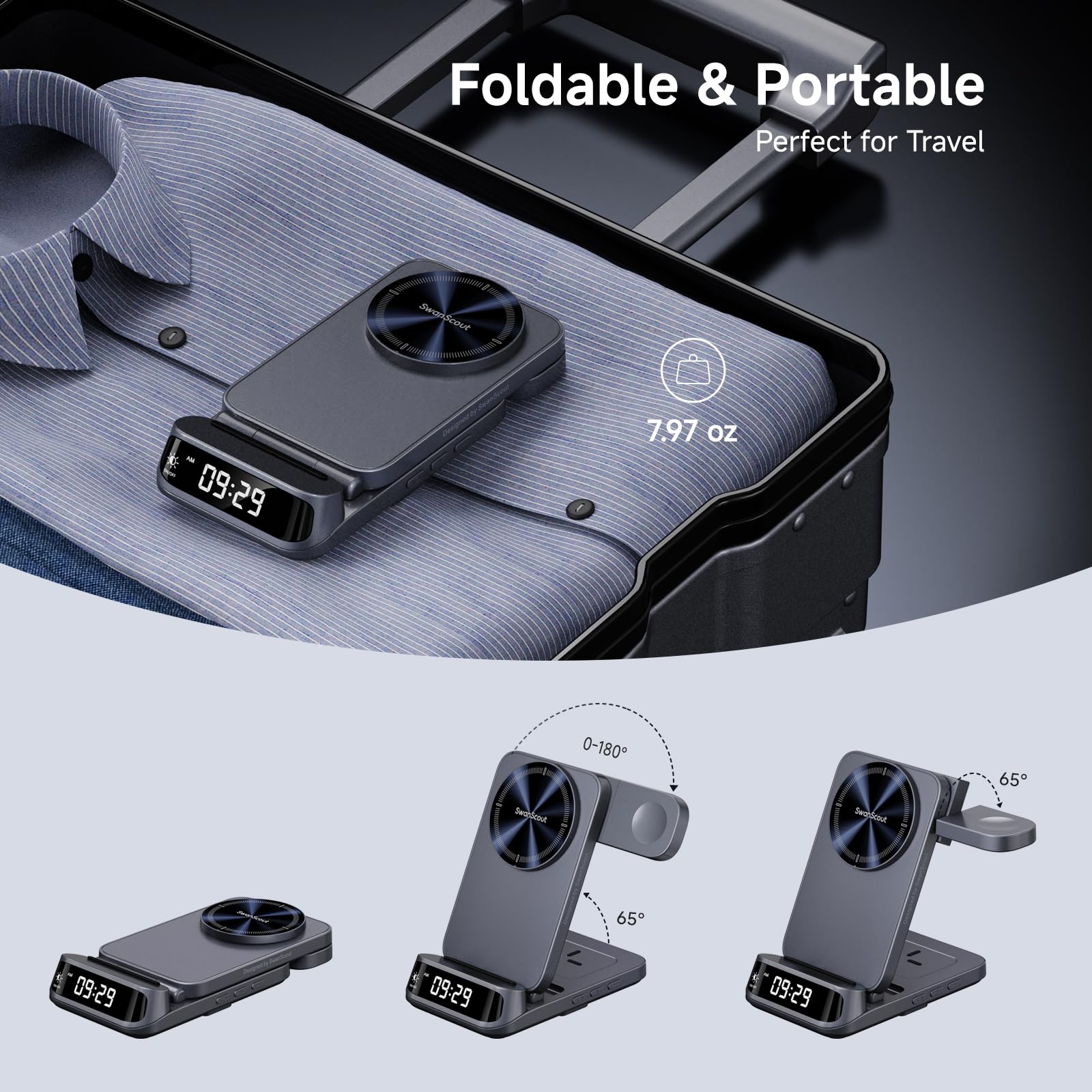 SwanScout Estación de Carga Inalámbrica para iPhone Air/17, Cargador Magnético Plegable 3 en 1 para iPhone 16/15/14/13/12, Apple Watch 11/10/9/8/7, AirPods Pro/4/3, SwanScout 708M (Sin Adaptador)