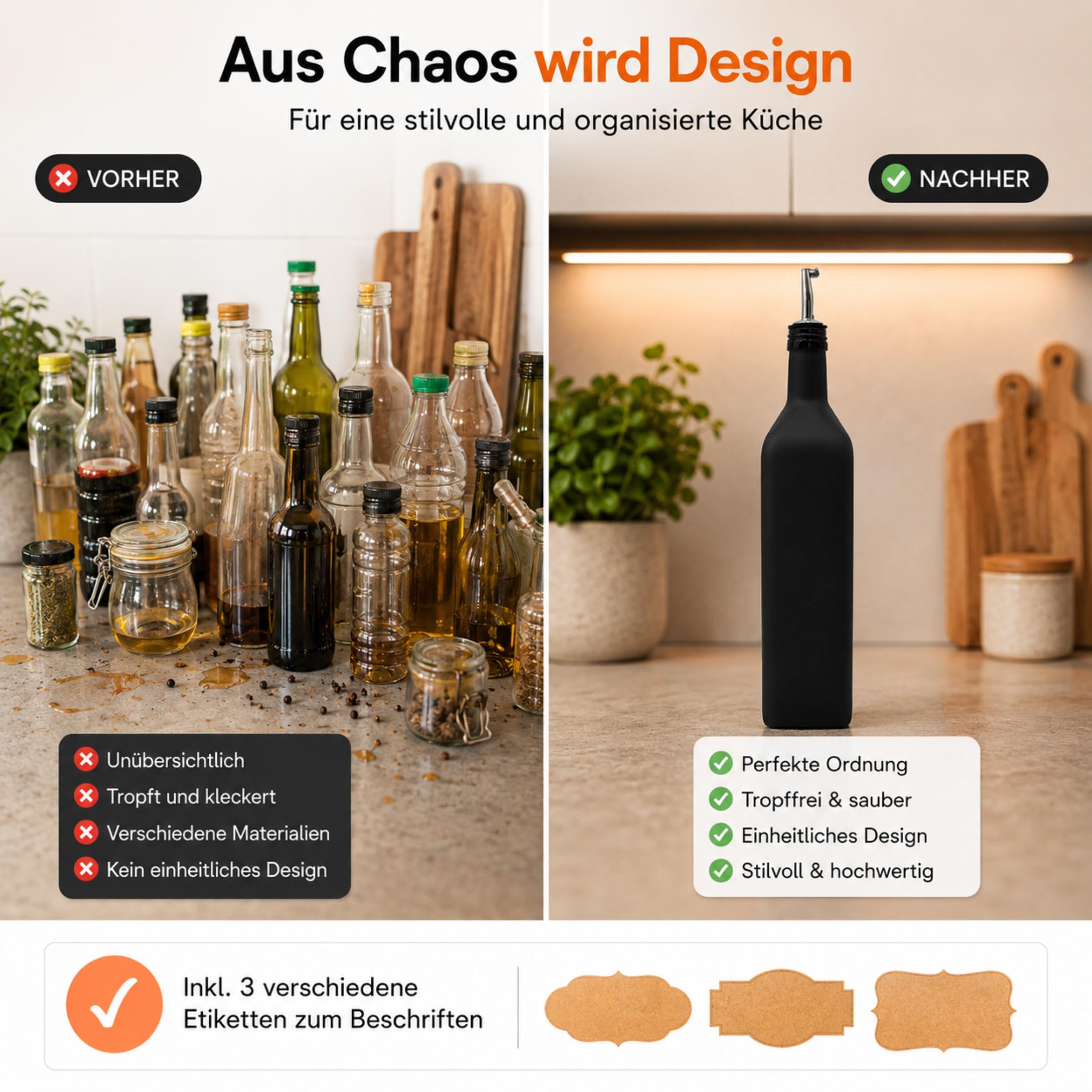 Ölflasche Glas 1L Schwarz Matt mit Edelstahl-Ausgießer, Trichter & Deckel (4x1 Liter)