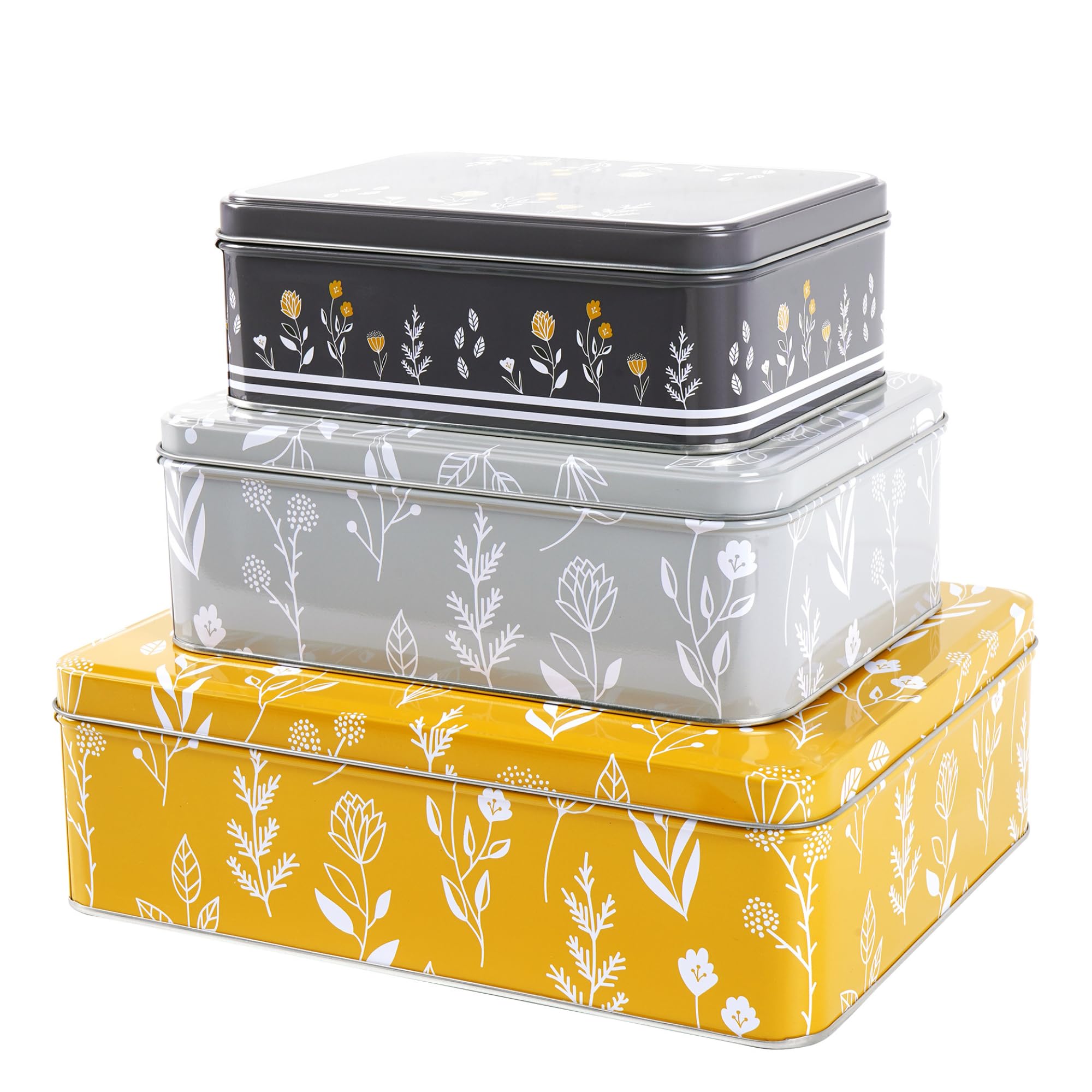 Set of 3 Nesting Airtight Cake Storage Tins with Lids – Large, Medium & Small Food Containers for Biscuits, Sweets & Bakery Items – Floral Yellow & Gray Pattern, Durable Kitchen Storage