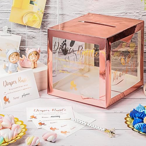 Miniatura 5 de Funrous 50 boletos para rifas de pañales con caja para invitaciones de juegos de baby shower, tarjeta de sorteo de pañales para revelación de