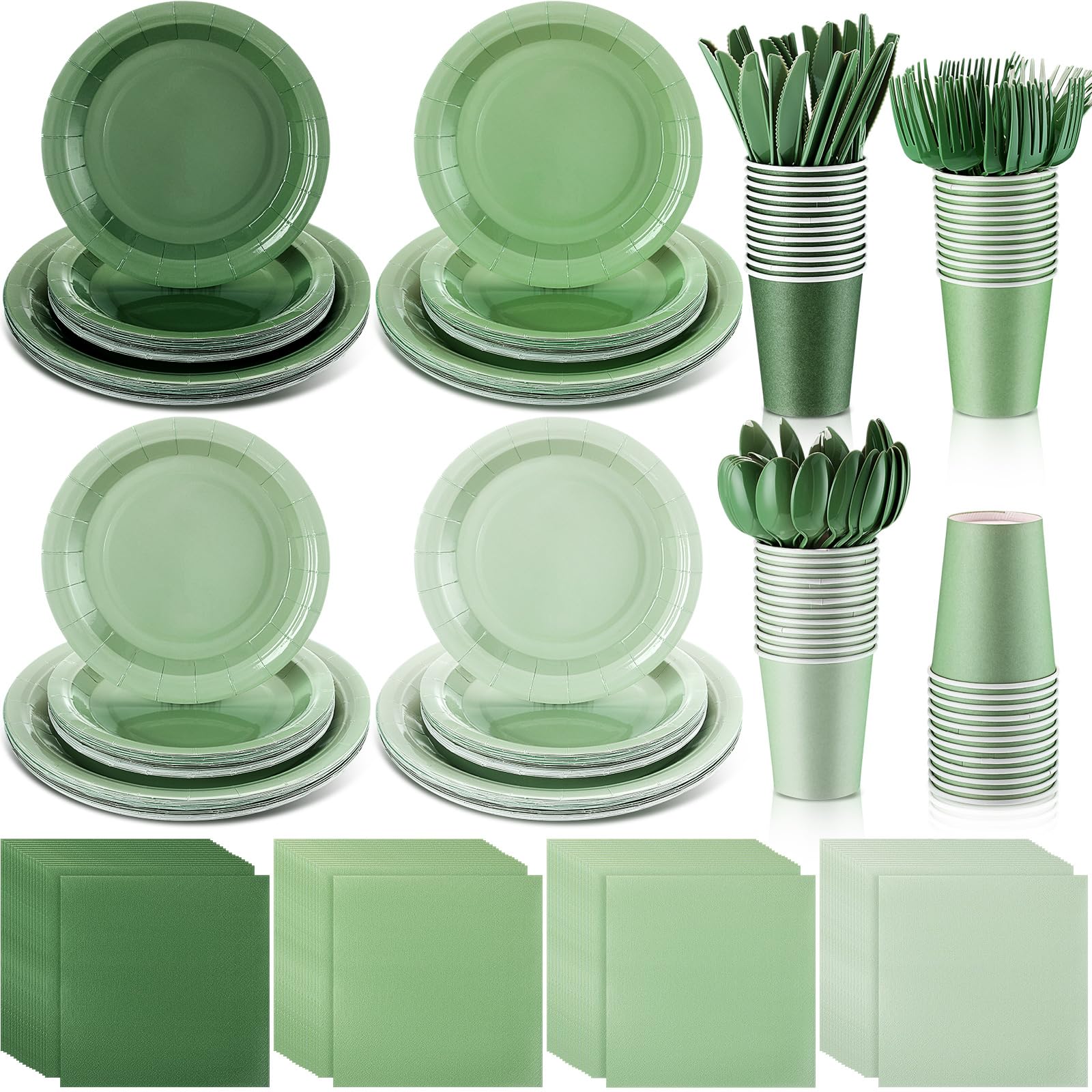 Nuogo 336 Pcs Sage Green Tableware Set Gradient Green 7 in 9 in Plates 9oz Cups Supplies Disposable Paper Plates Napkins Cup Fork Knives Spoon for