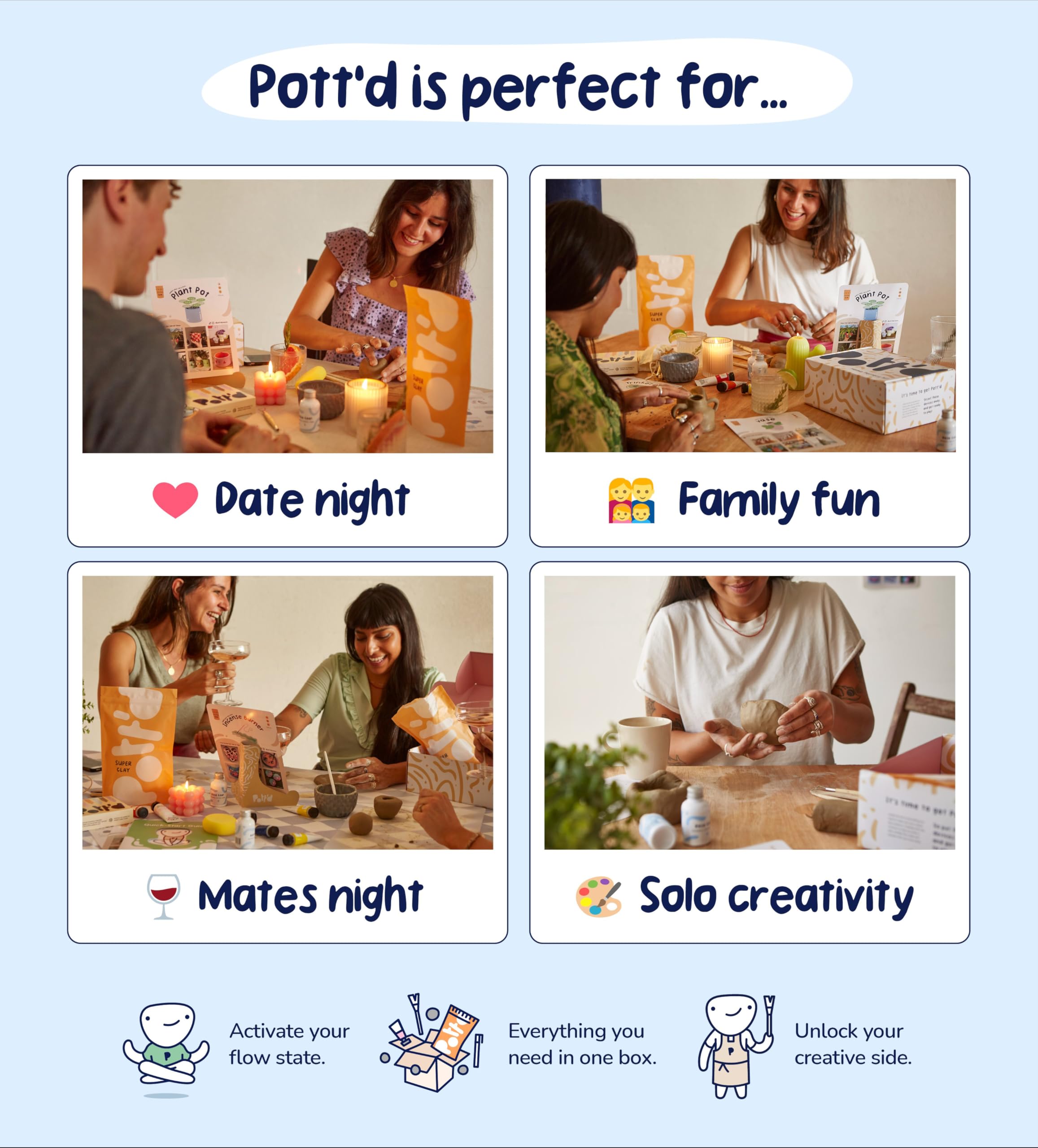 Pott'd Kit Argile Autodurcissante Prête à l'Emploi pour Poterie sans Cuisson - Kit pour Débutants avec Outils, Peintures, Pinceaux, Enduit d'Étanchéité & Guide Pratique Inclus