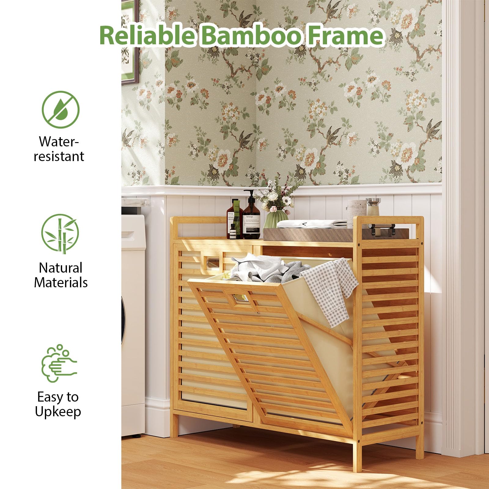 Cesto Portabiancheria In Bambù Con 2 Scomparti Estraibili - 64x33x73cm, Grigio, Salvaspazio Per Bagno - Foto 3