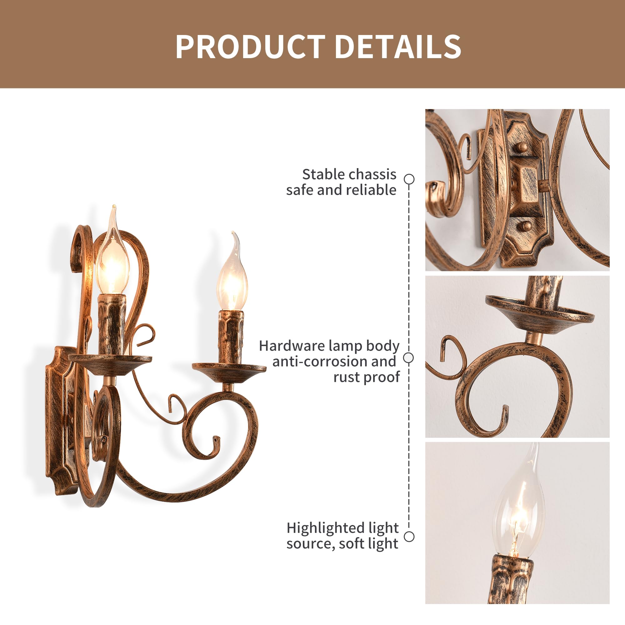 Ganeed Wall Sconces Indoor Retro Metal Vintage French Traditional Lighting Rustic Wall Light for Living Room Bedroom Stairwell Foyer E14 Bronze 2 Lights (2 Packs) - Image 3