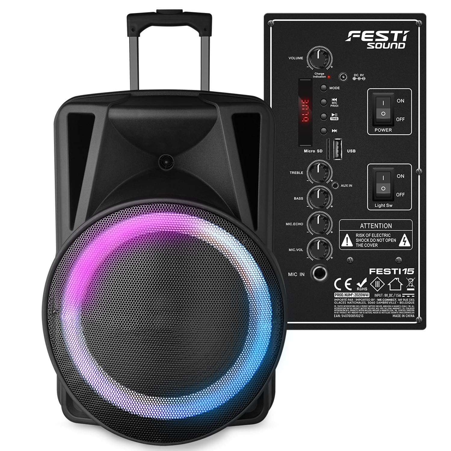 Enceinte Active - FestiSound FESTI15-15" 38CM - 700W - sur Batterie - Effet Ring LED - USB SD Bluetooth TWS - 2 Micros