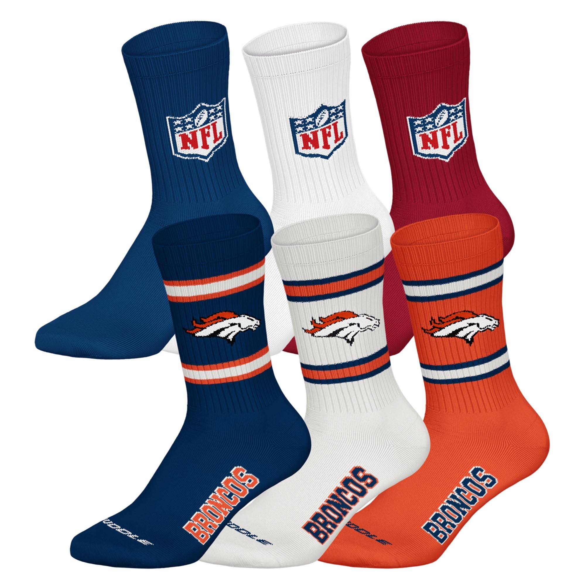 NFL Unisex Team Crew Socks, Denver Broncos, Mix, 39-42, Pack of 6