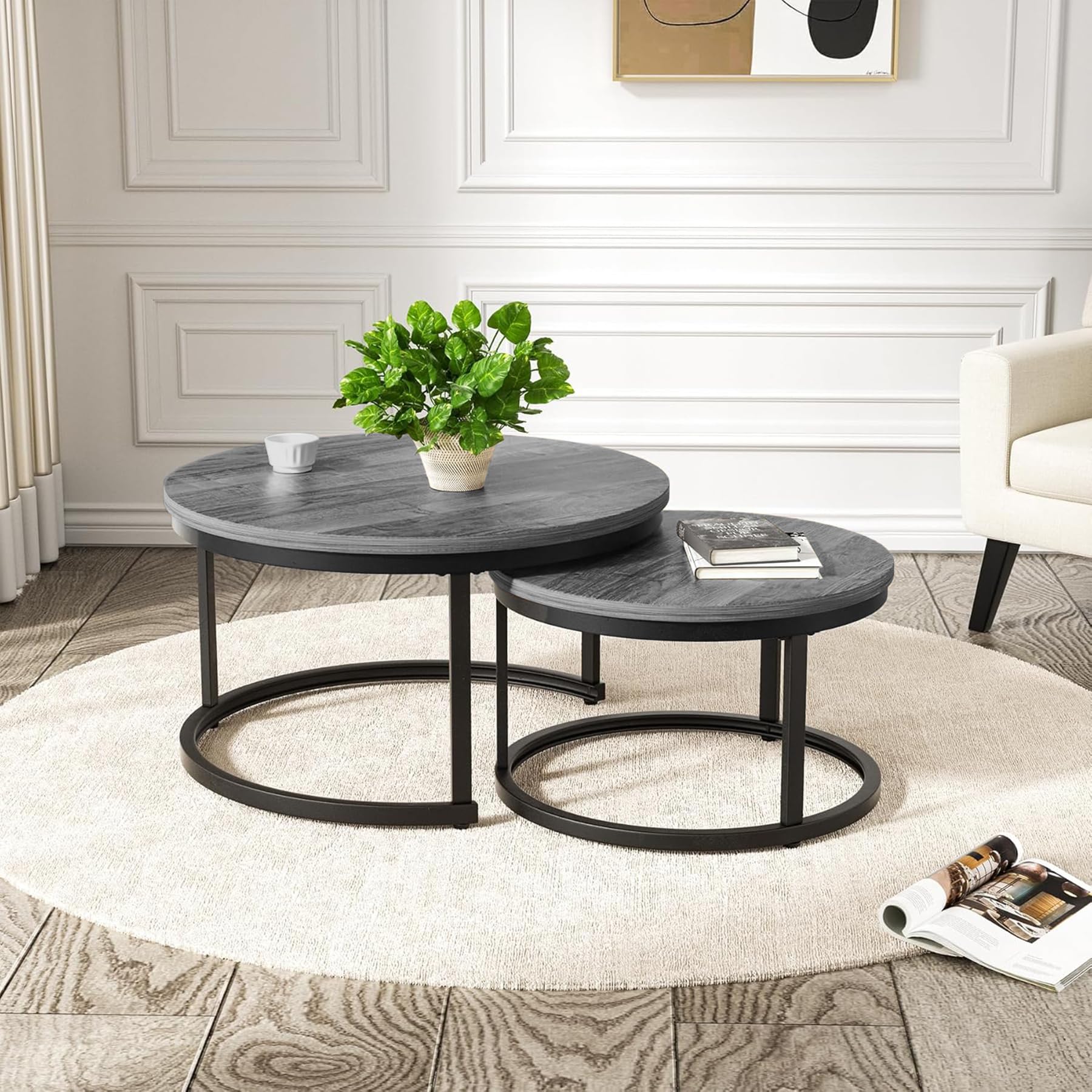 Hawthyhome Round Nesting Coffee Table Set of 2, Modern Side Tables with Metal Frame, Industrial Stacking End Tables for Living Room Bedroom Office, 60 * 60 * 45cm, Grey — image 1