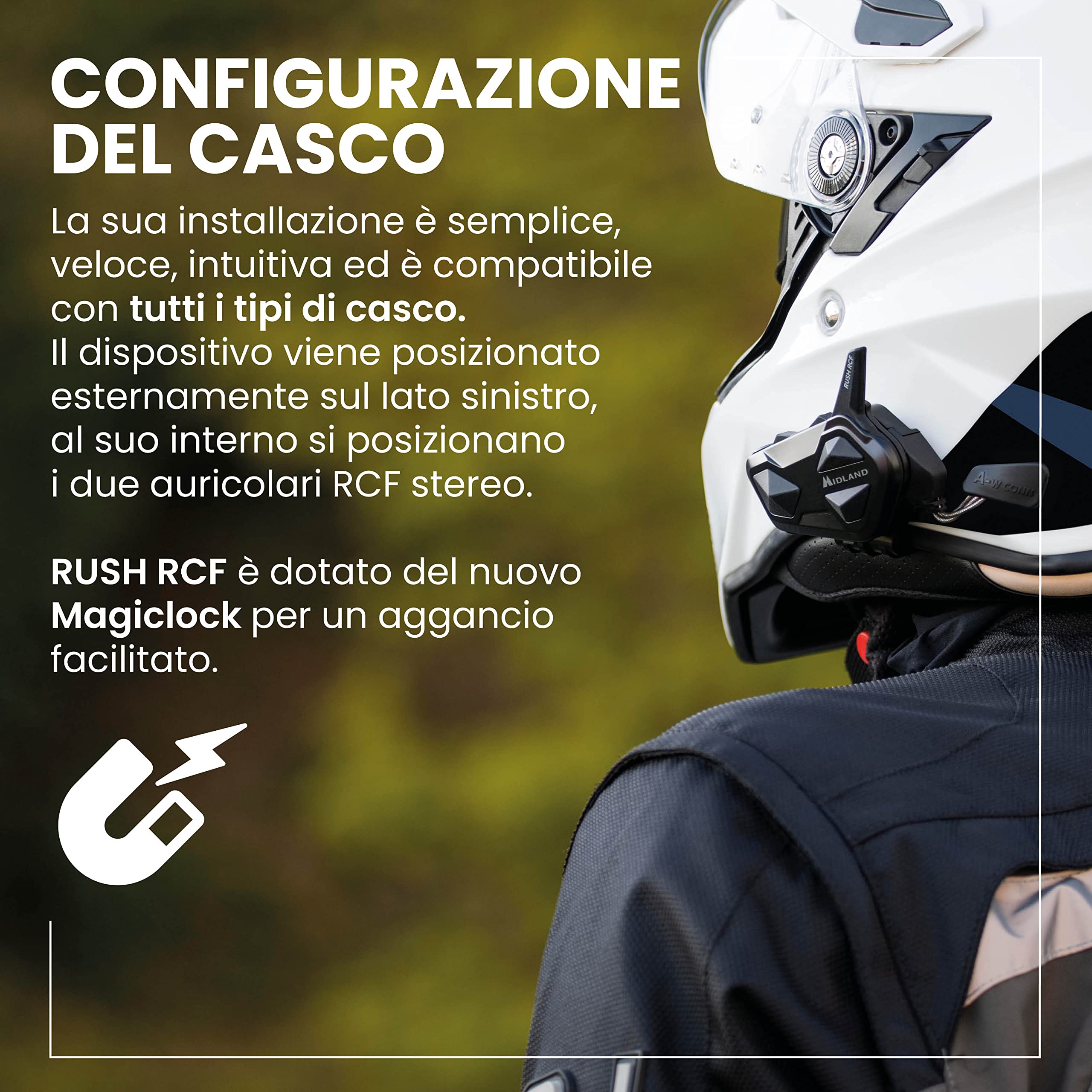 Midland Rush RCF Twin C1527.01, Interfono Moto Bluetooth e Mesh Doppio, Auricolari Casco Impermeabili IPX6, Cancellazione Rumore, Radio FM integrata e Web Radio Via App.