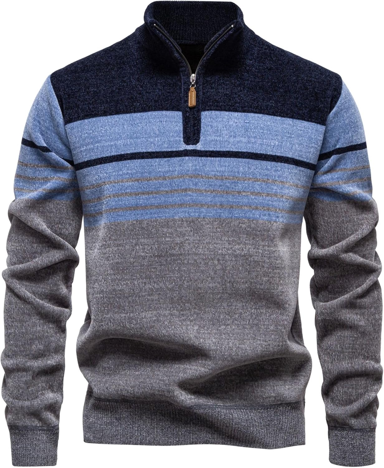 Mens Quarter Zip Pullover Mock Neck Slim Fit Striped Knit Sweaters Casual Fall Winter Lightweight Polo Sweater - Image 2