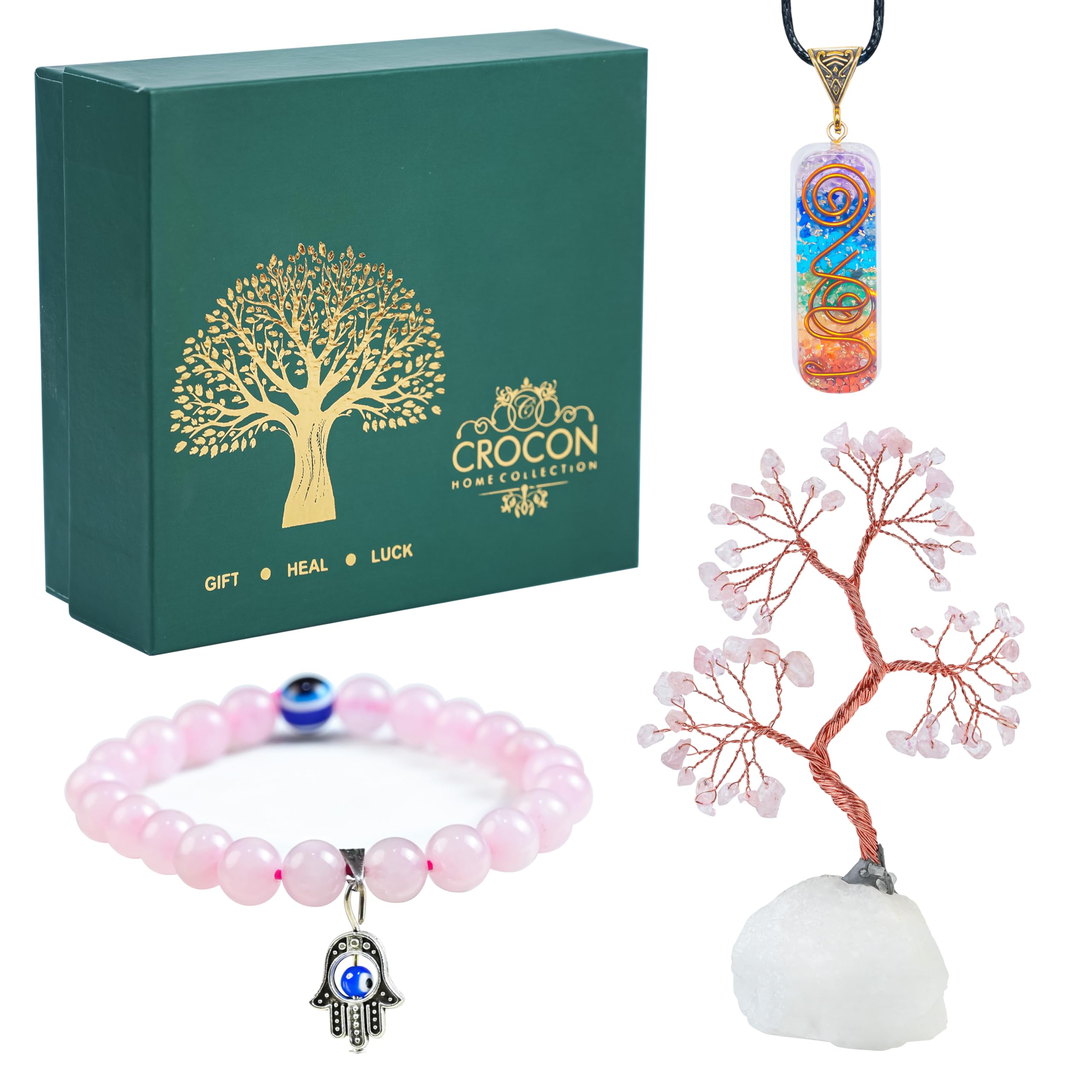 Crocon House Warming Gifts & Vastu Items – Rose Quartz Tree with Quartz Base, Rose Quartz Bracelet & Seven Chakra Pendant – Crystal Healing Gifts for Women, Bedroom Decor, Wedding Gift for Couples 4