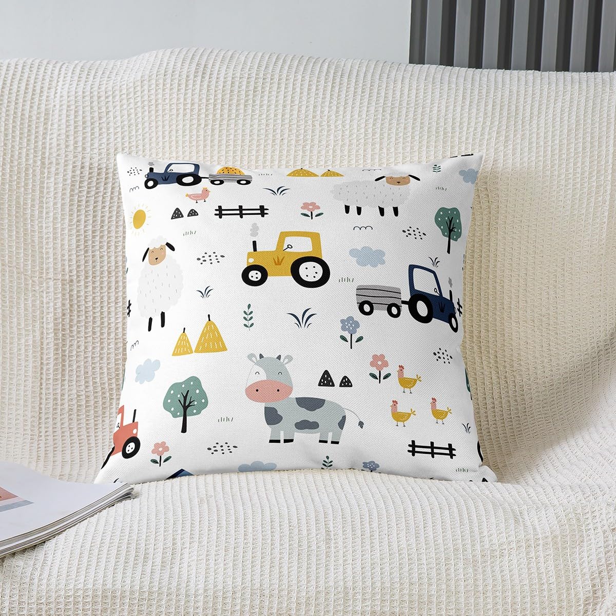 Tractor Square Cushion Covers Set of 2 Set 18x18 Inch Cartoon Farm Equipment Trucks Reversible Throw Pillow Covers for Kids Decor Farm Animal Pillow Covers Home Decor Farm Nursery Decor - Image 2