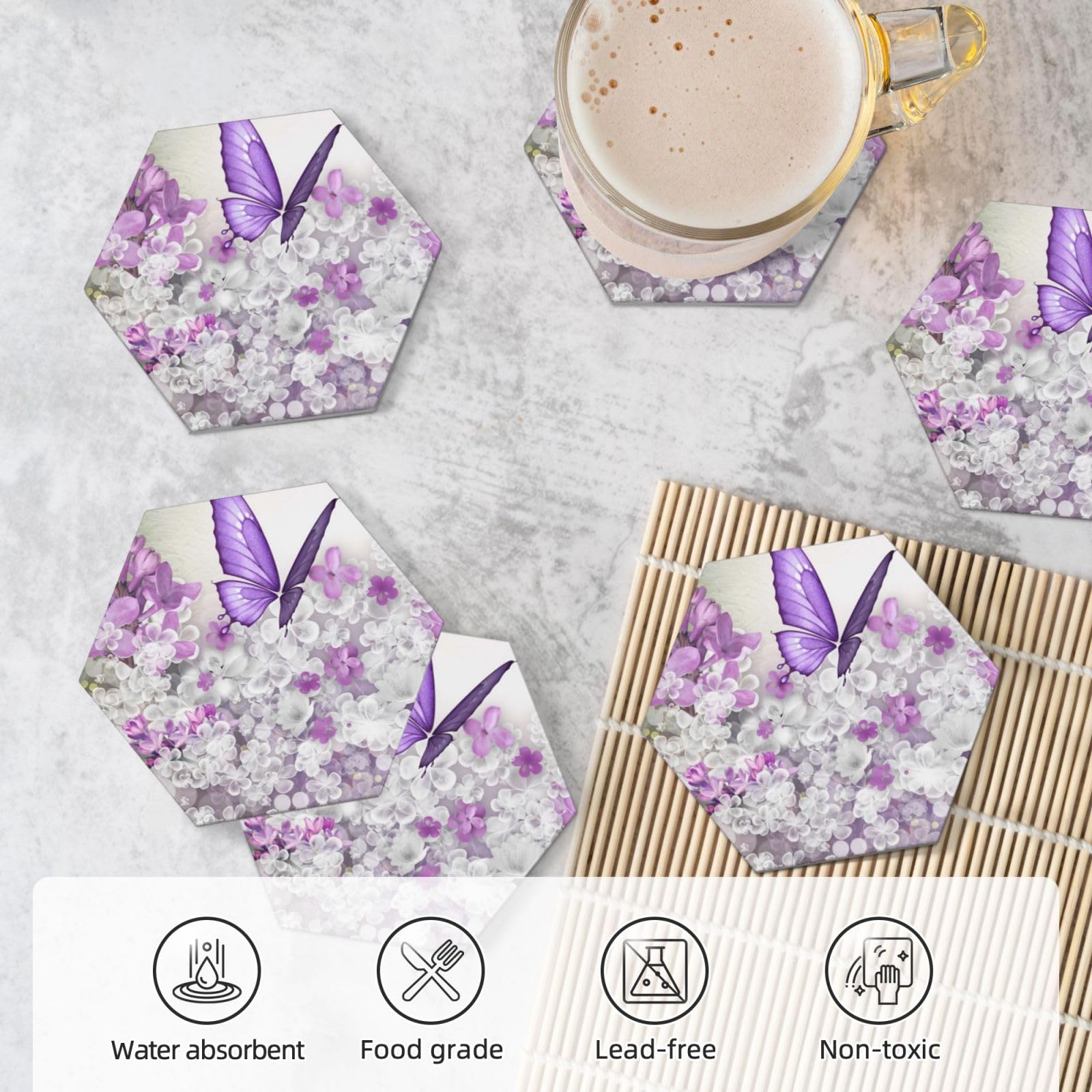 Set di 6 sottobicchieri decorativi in ceramica con stampa di farfalle e fiori