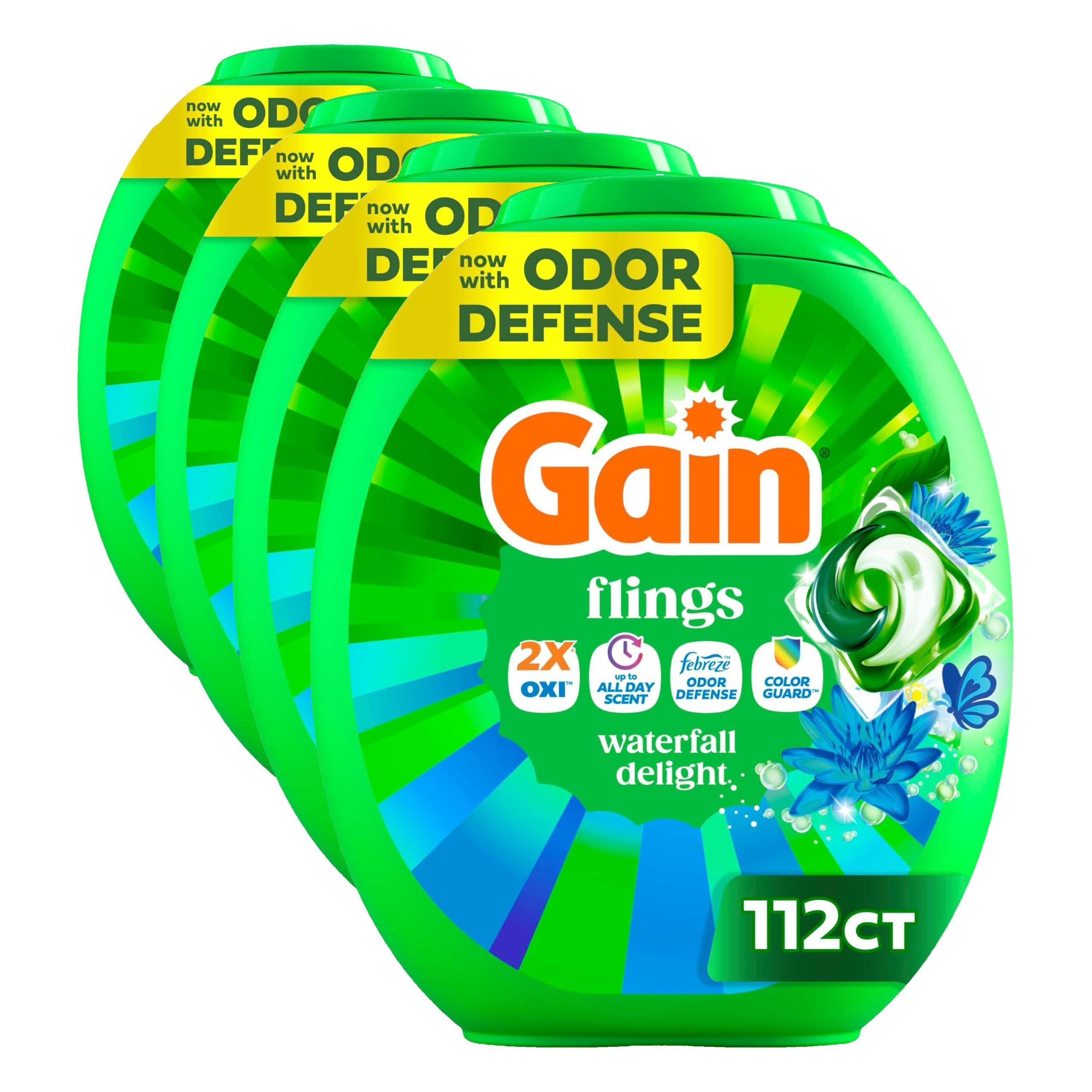 Gain Flings Liquid Washing Detergent Pacs,Now with Odor Defense+Color Guard,Waterfall Delight Scent, 4-In-1 Liquid Laundry Detergent Pods,Clean&amp;Fresh,(Packaging May Vary) 112 Count (Pack of 4)