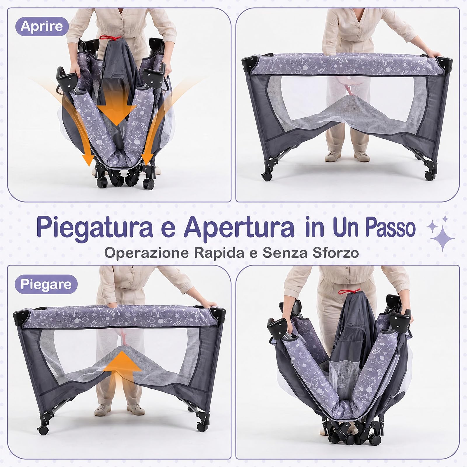 COSTWAY Lettino Pieghevole da Viaggio per Bambini, con Materasso e Ruote | Fasciatoio con Cintura di Sicurezza, Recinto e Tasca Portaoggetti, Lettino con Barra Giocattoli e Scatola Musica, 0-3 Anni