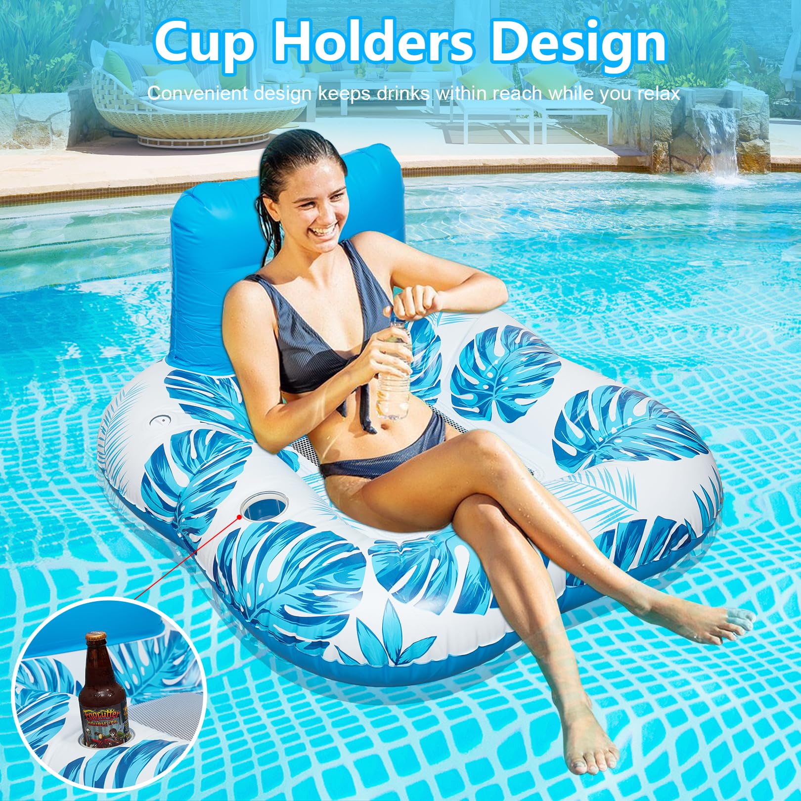 Inflatable Pool Floats Lounger Adult,Floating Lounge Chairs with Color Changing LED Lights,Pool Lounger Float with Cup Holders,Backrest and Mesh Bottom for Pool, Beach, and Water Parties