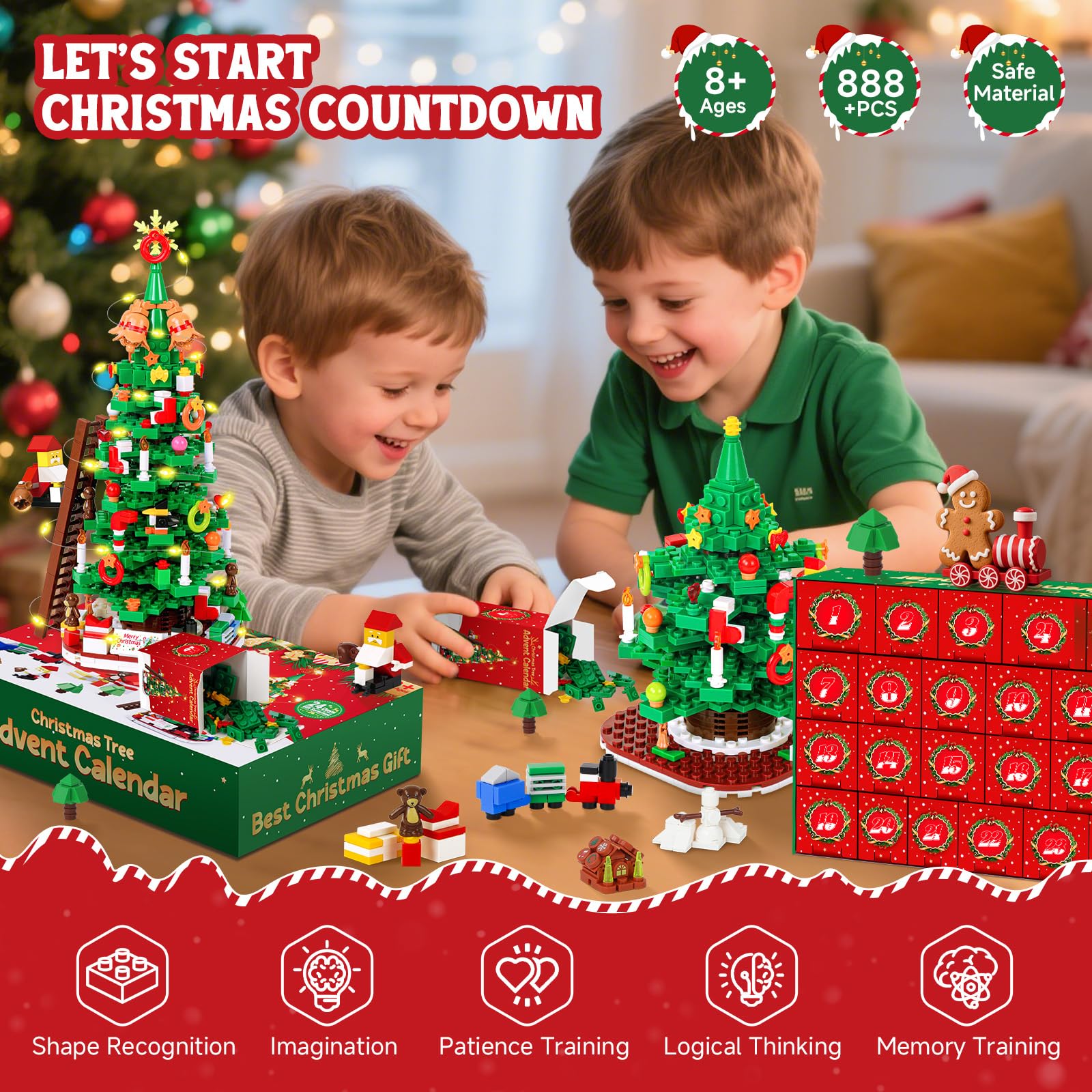 PITMT Calendario Avvento 2025 Bambini, 24 Giorni Calendario dell'Avvento Blocchi da Costruzione Albero di Natale con Luce LED, Calendario dell Avvento Giocattoli Regalo di Natale per Bambino Bambina