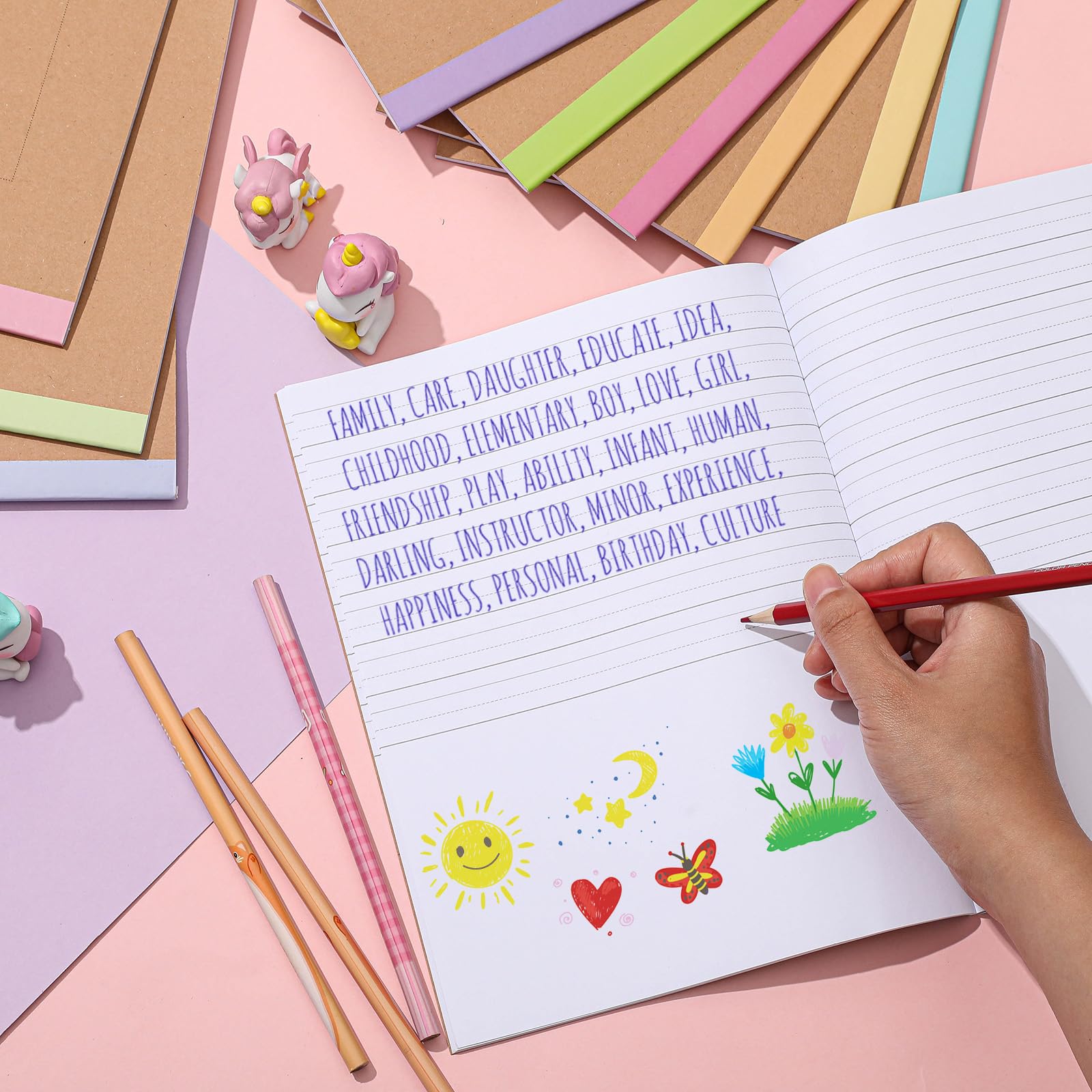 Henoyso Lot de 60 carnets de composition primaire de 24 x 19 cm pour enfants, fournitures scolaires, carnet d'écriture primaire K-2 pour enfants, étudiants, dessiner et écrire des histoires (couleur