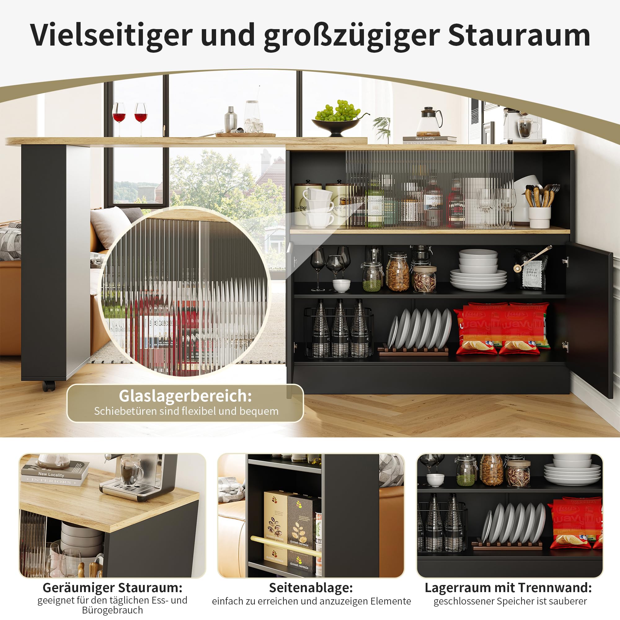 Bladez Aparador giratorio de 360°, mueble de bar moderno multifuncional de MDF, 90 x 45 x 100 cm, con puerta corredera de cristal y estantes, para cocina y restaurante (negro)