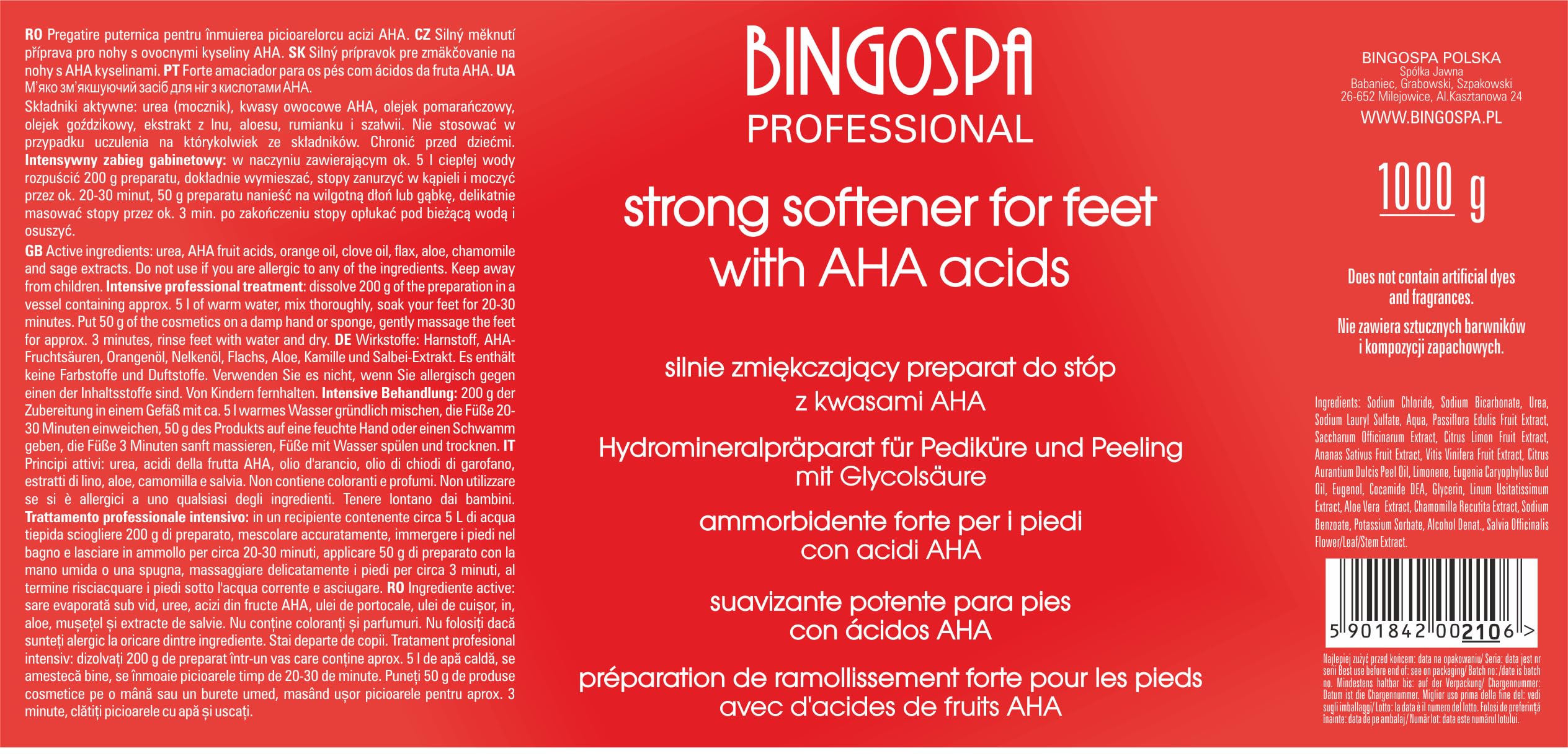 Preparazione del piede fortemente ammorbidente con acidi AHA - 1000 g BINGOSPA