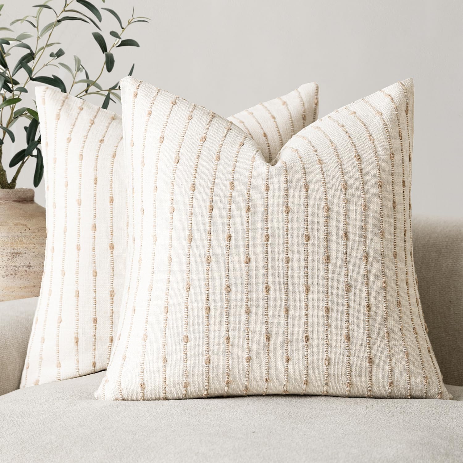 Foindtower Decorative Striped Boucle Throw Pillow Covers 22x22 Cream Camel 22' x 22' (Pack of 2) Irish Cream
