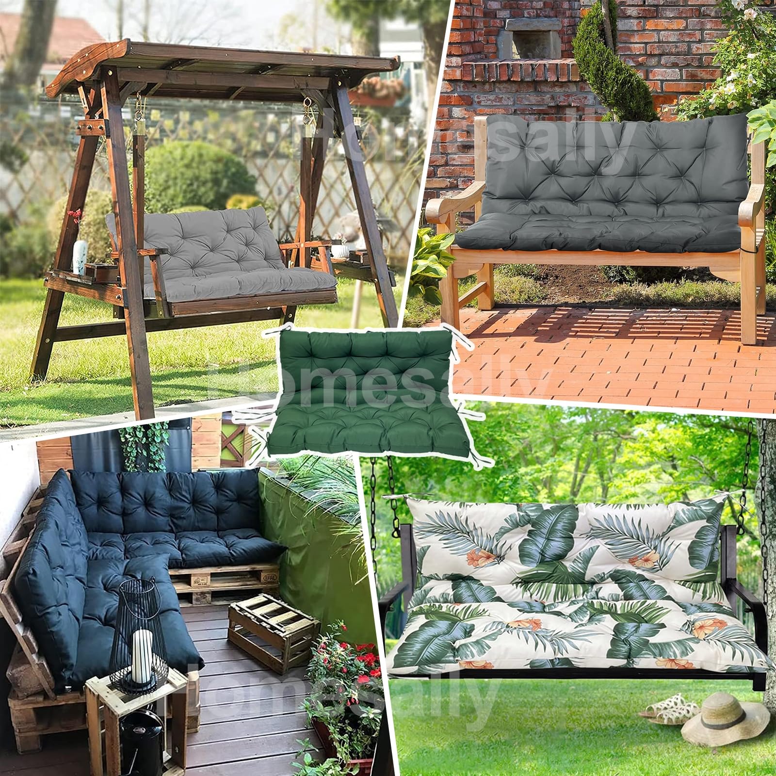 Impermeable al aire libre Swing Cushions with Backrest 2/3 Seater Bench Cushion for Garden Furniture Dark Grey Seat Replacement Cushions 150 x 100 x 10 cm Includes 8 slips Ties