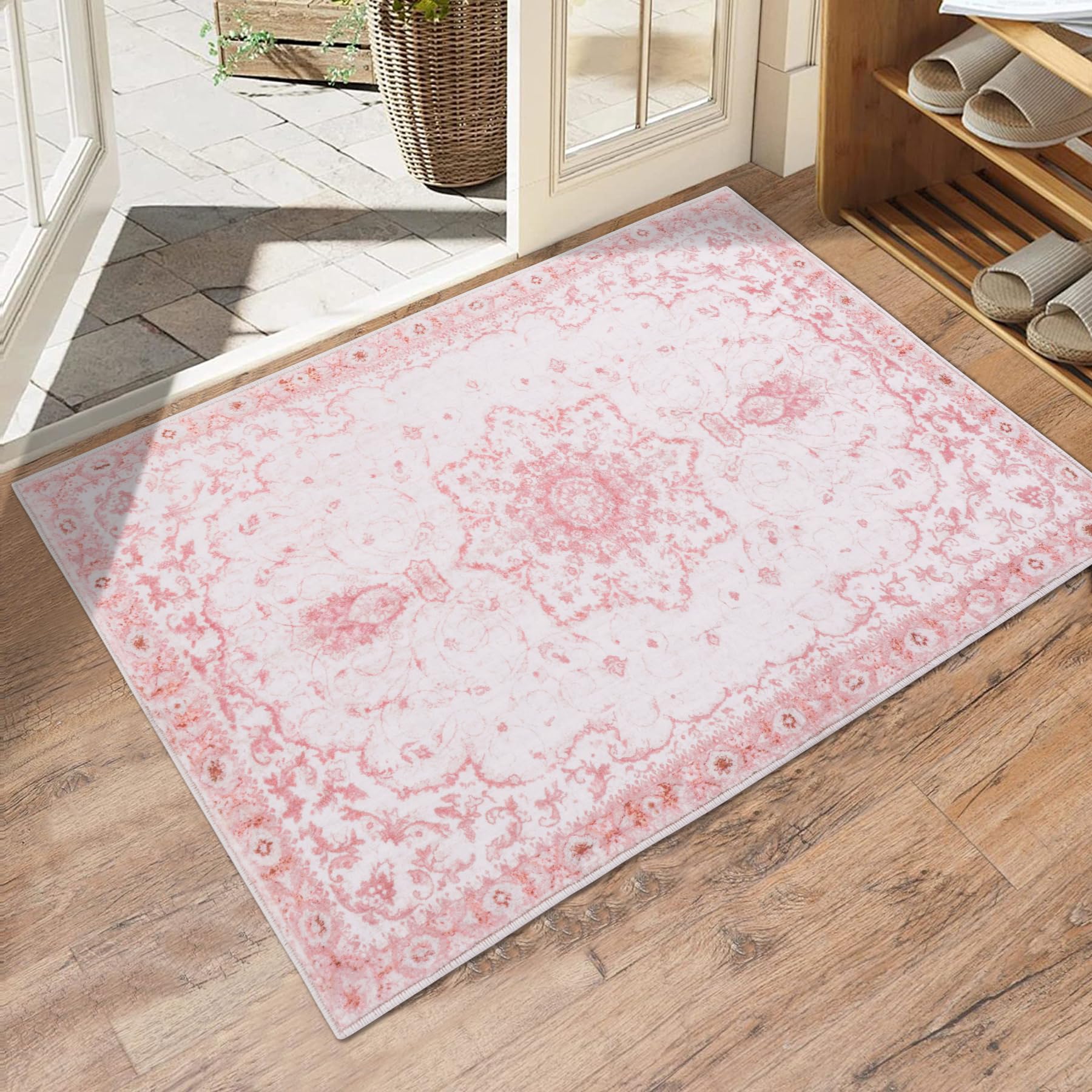 2x3 Entryway Rug, Honeycomb Non Slip Indoor Door Mat, Washable Small Area Rug, Vintage Floral Pink Rug for Bedroom Kitchen Entryway Bathroom