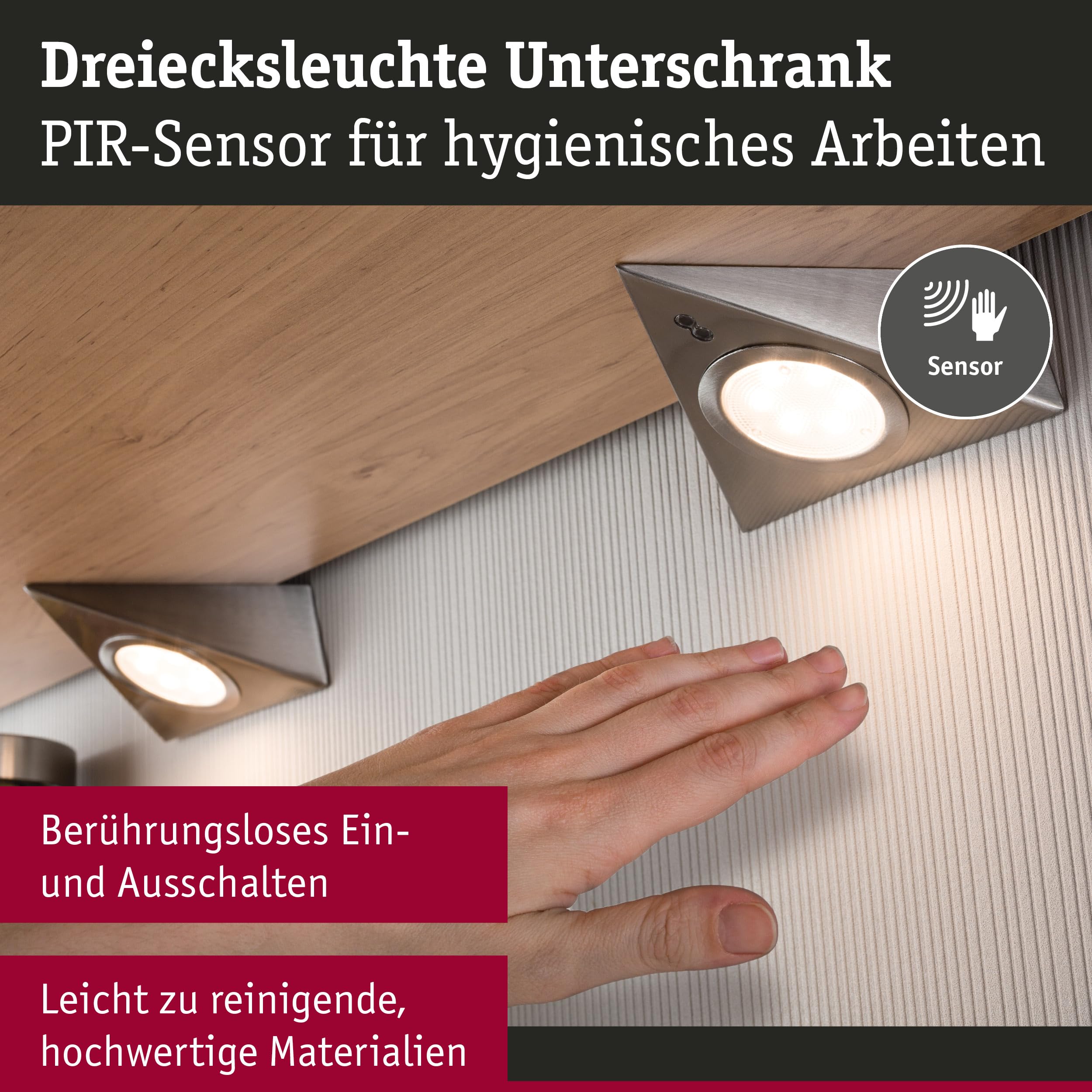 Paulmann 93572 LED Unterschrankleuchte Dreieck mit Näherungssensor eckig incl. 3x2,8 Watt Schrankleuchte Eisen gebürstet Schranklicht Metall, Glas