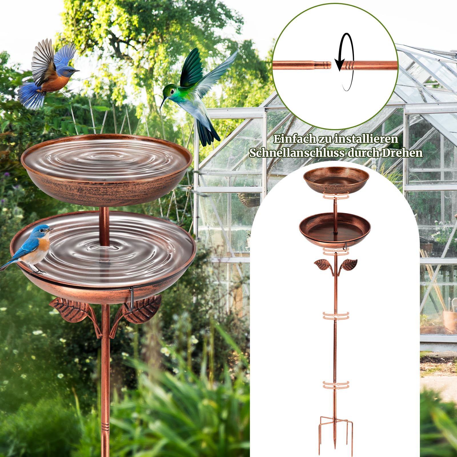ZYNERY Metall Vogeltränke Stehend, 115cm Vogeltränke Winterfest, 2 In 1 Vogelbad für Draußen Garten, Antike Vogelfutterspender Wassertränke für Balkone, Innenhof, Garten
