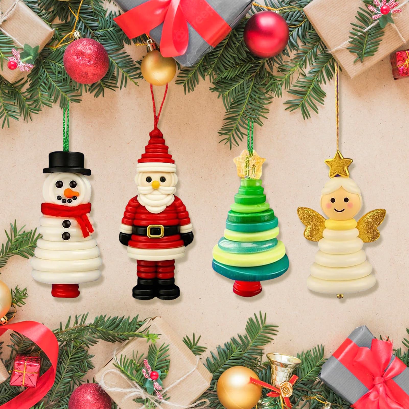 DIY Weihnachts Button Ornament Set - 4-teilig Mit Snowman/Santa/Engel