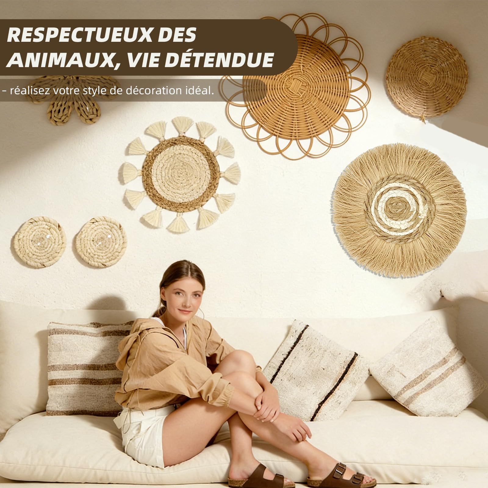 CeyKvo Ensemble de 7 paniers muraux de style bohème, décoration murale en osier d'algues marines, décoration murale ronde, idéal pour le salon, la chambre, etc.
