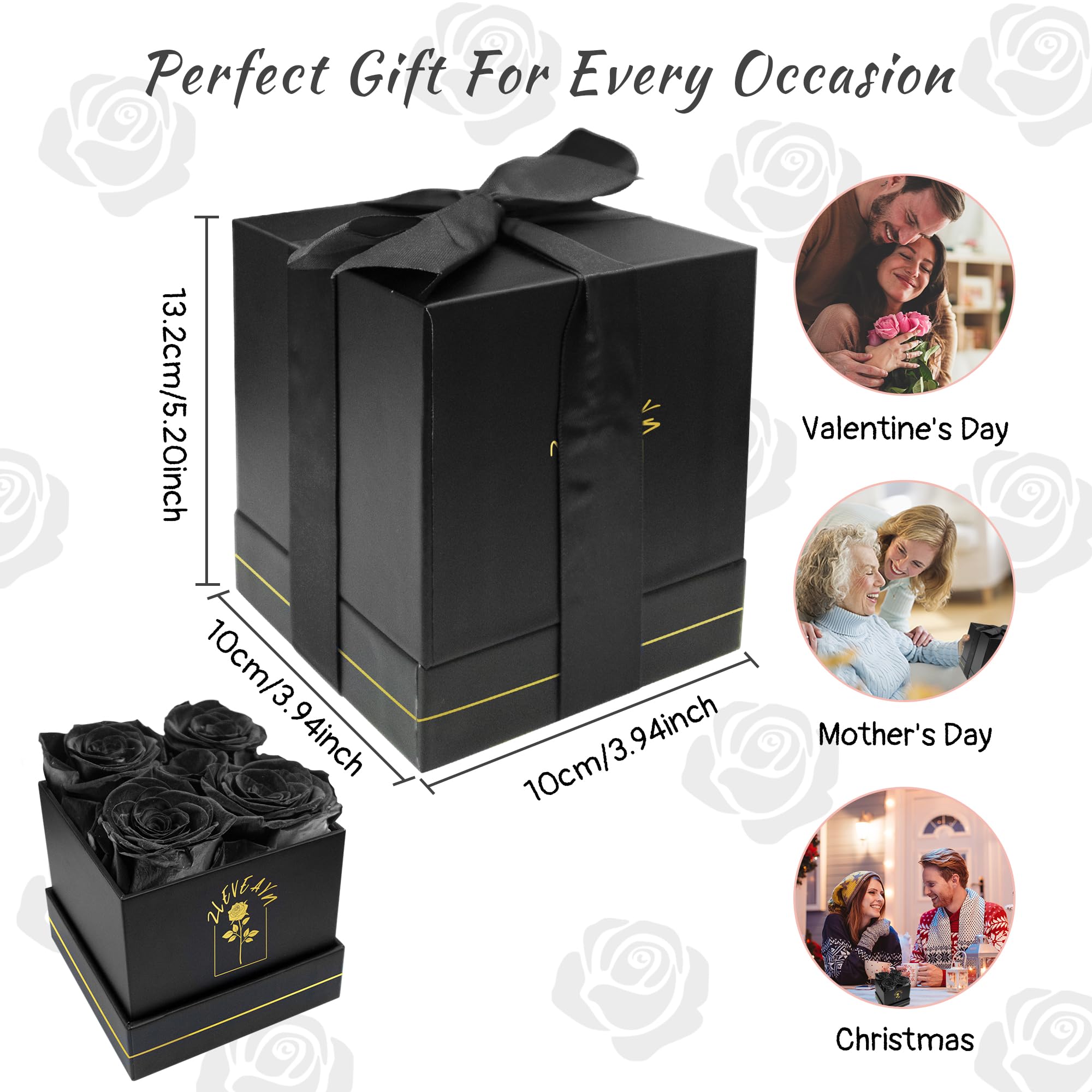 Set Di 4 Rose Conservate In Scatola Nera - Fiori Veri Eterni - Regalo Per Lei