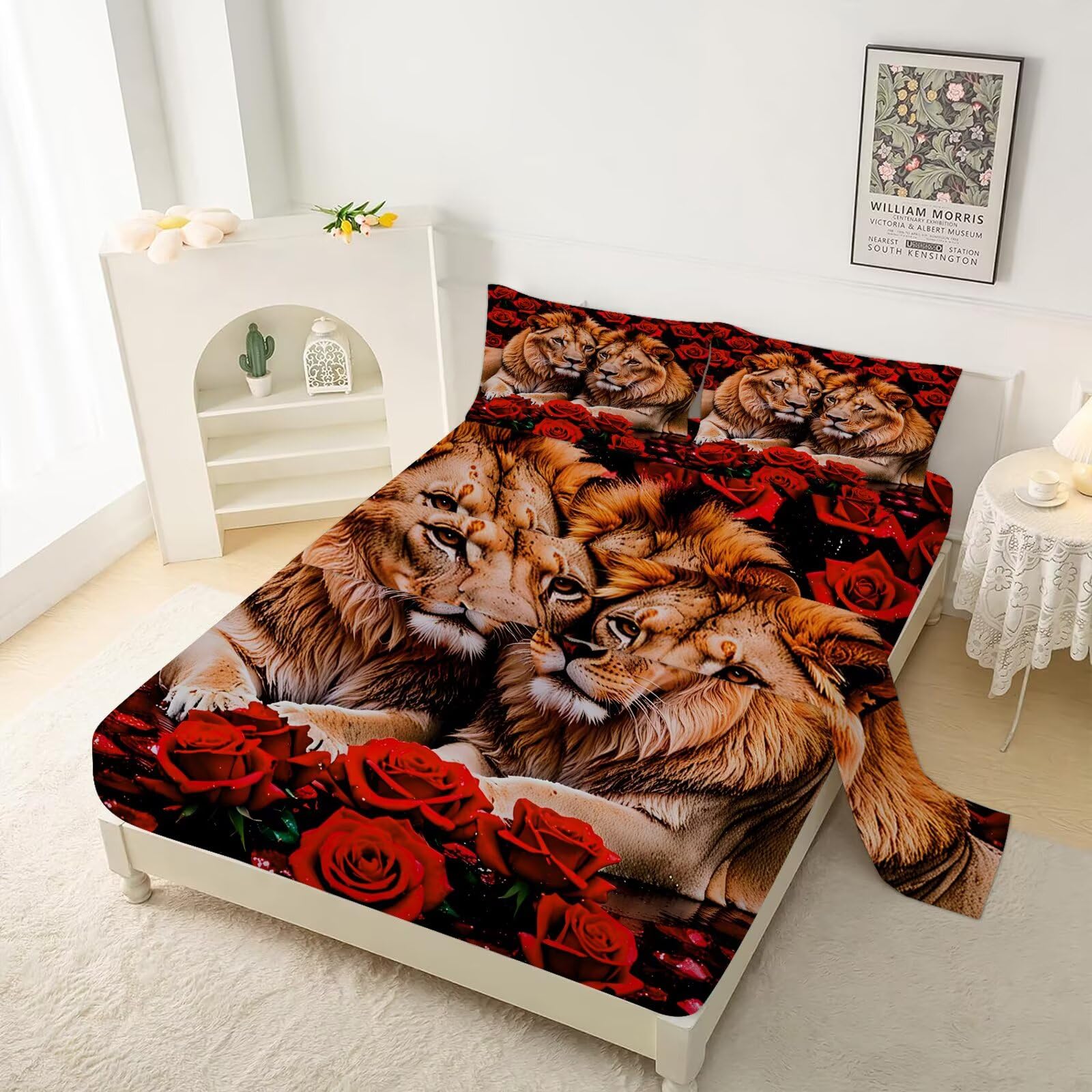 VTKON Animal Print Bedding Set Full/Queen for Kids and Adults 3D Rose Lions Sheets Set Red Brown Wildlife Bed Set with 1 Flat Sheet 1 Fitted Sheet and 2 Pillowcases