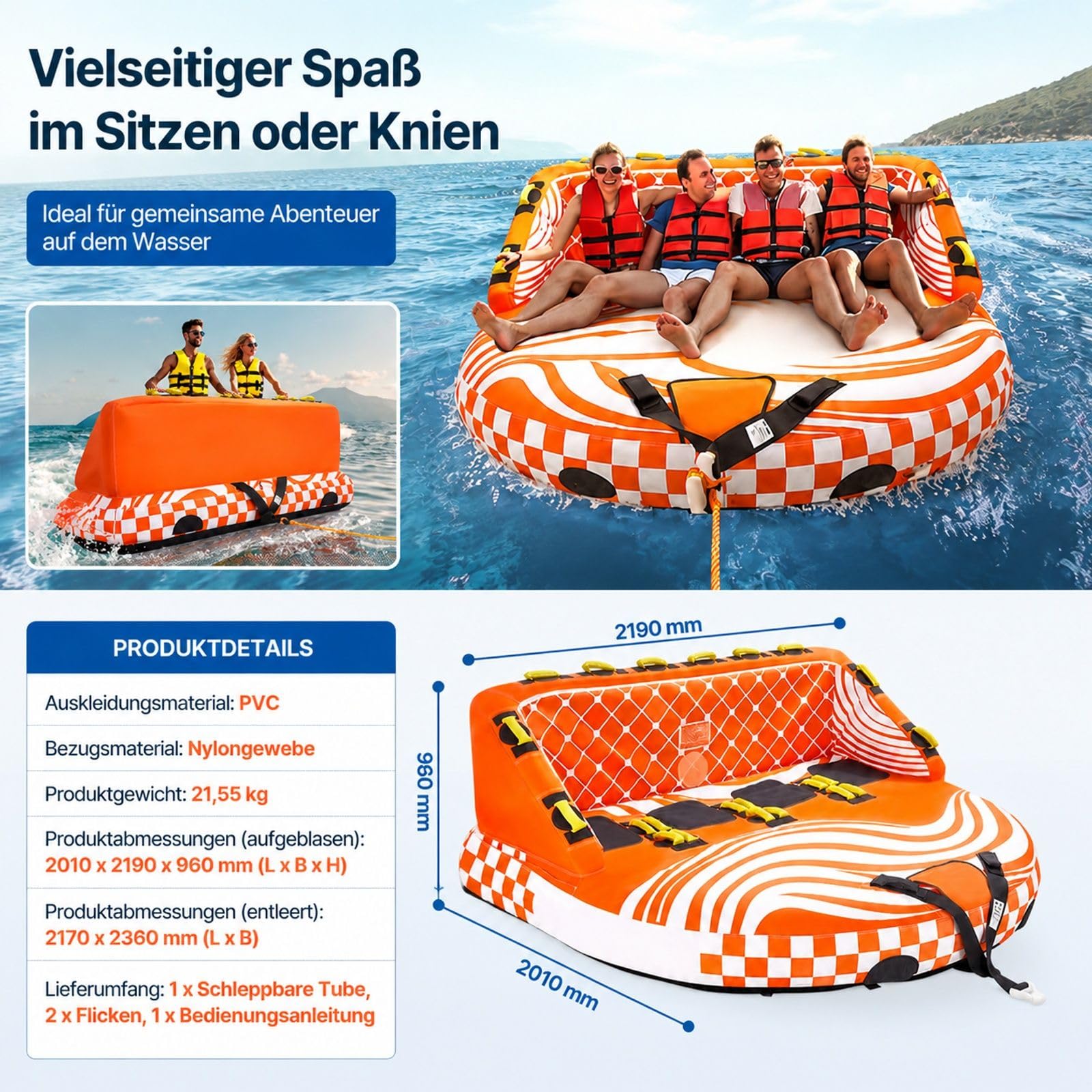 Aufblasbares Schleppsofa Tube für 1 bis 4 Personen, Boot Towable Tube für Wassersport